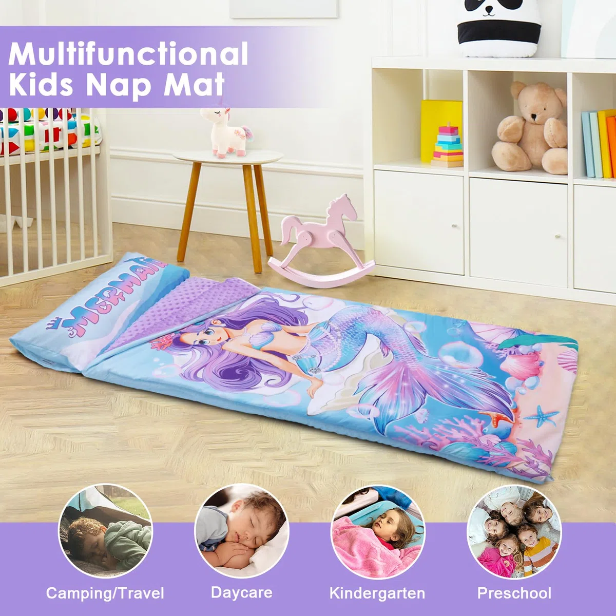 Grandi Dimensioni Sacco a Pelo Bambino con Rimovibile Cuscino 170×75cm, Pieghevole Nap Mat Caldo per Bambini Ragazze Ragazzi, Nap Mats con Doppia Cerniera per Campeggio, Scuola Materna e Asilo