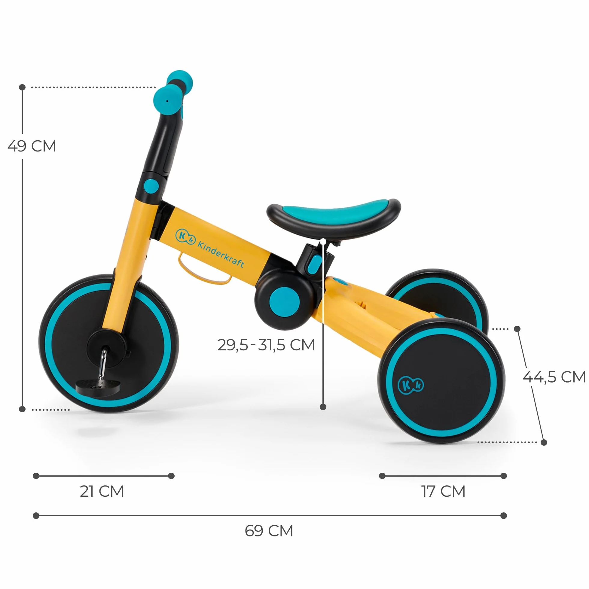 Kinderkraft Triciclo 3in1 4TRIKE, Mini bici, Carrello, Sella regolabile, Pieghevole, da 12 mesi a 5 anni, Giallo