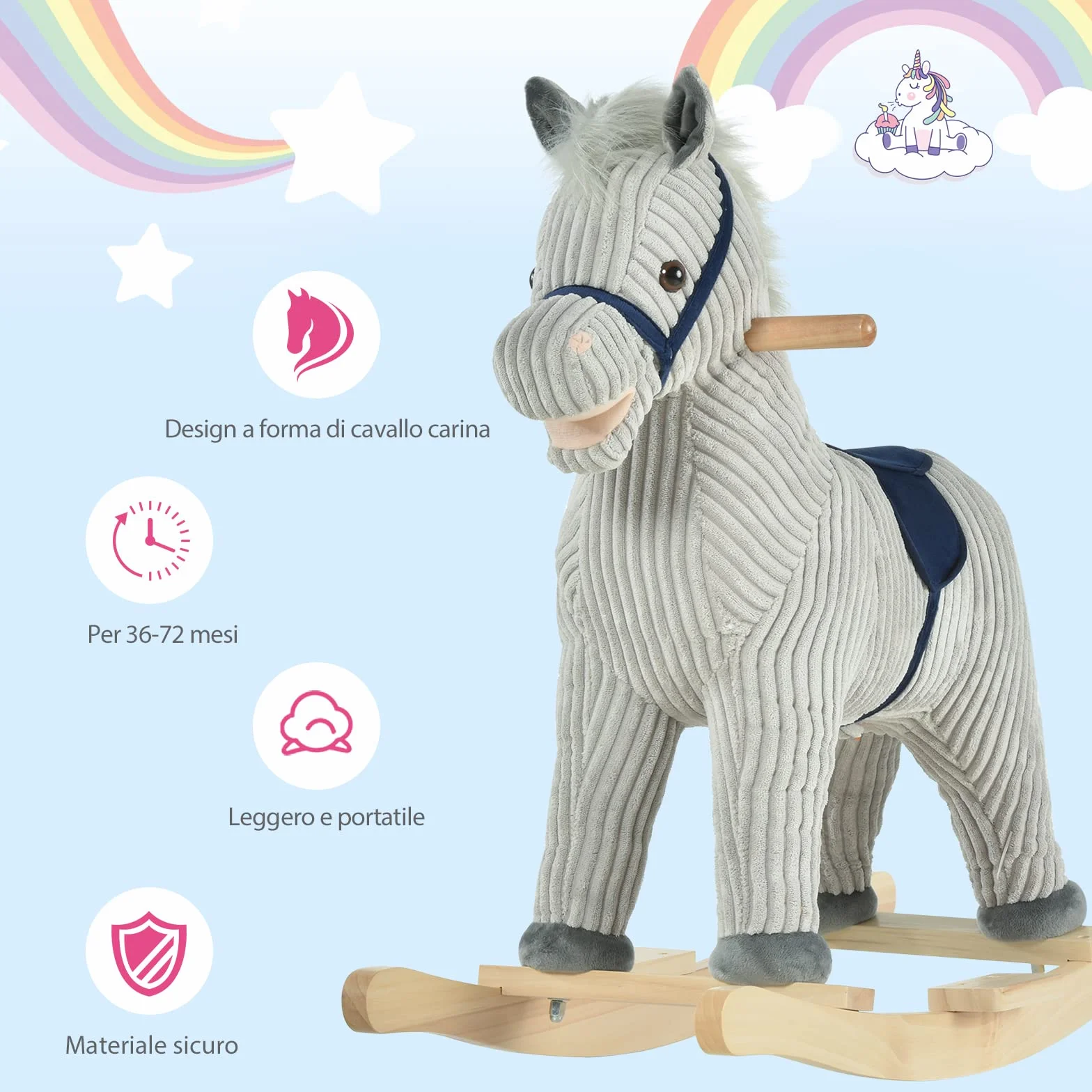 HOMCOM Cavallo a Dondolo per Bambini 3-6 Anni, Cavalluccio a Dondolo Interattivo Riproduce Suoni, in Peluche Grigio, 73x35x64cm