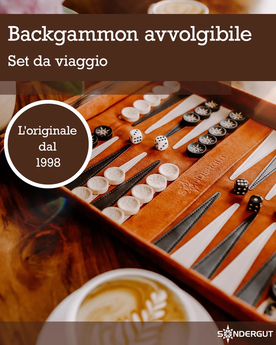 Sondergut Backgammon Deluxe – Design brevettato pieghevole e vera pelle – Design elegante – Pietre da gioco in legno di faggio di alta qualità, 30 x 40 cm