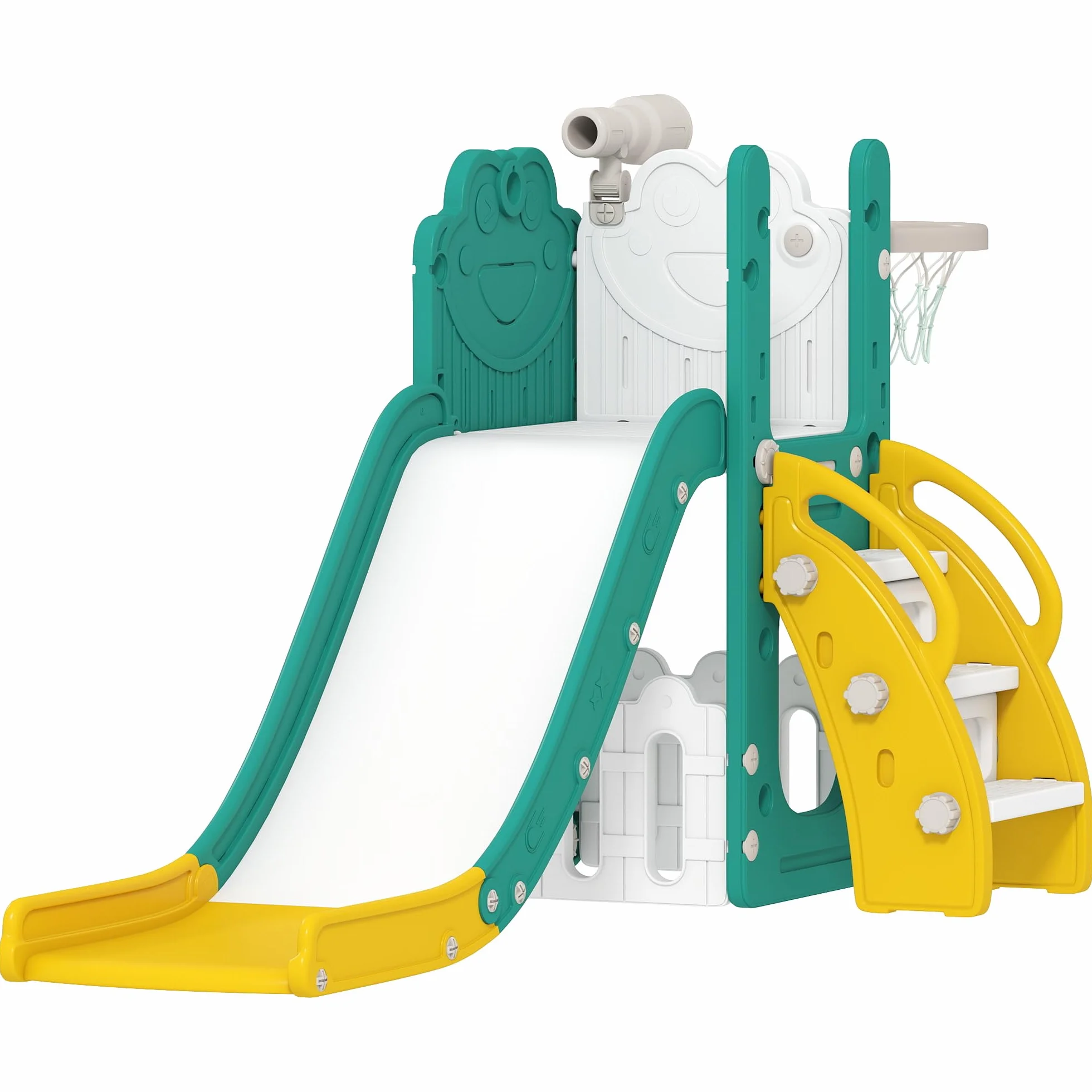 AIYAPLAY Set Scivolo per Bambini 5 in 1 con Canestro, Scaletta, Telescopio Giocattolo e Contenitori, Giochi per Bambini da Interno ed Esterno Età 1-3 Anni, Giallo