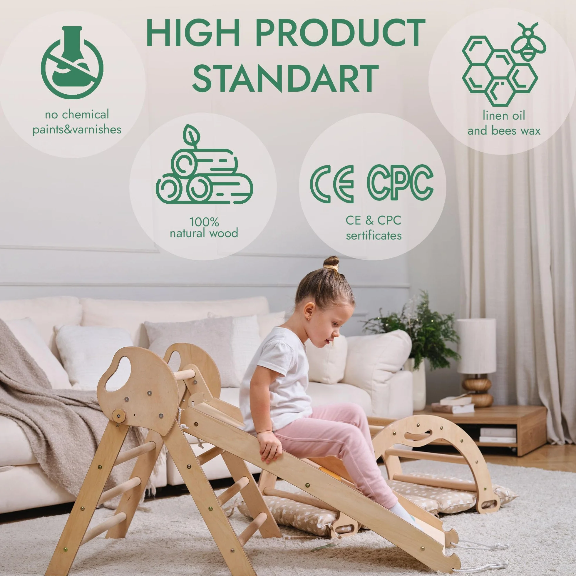 Goodevas Palestra in Legno 5 in 1 Bambini, Scala a Triangolo, Arco, Balance Board con Cuscino, Montessori 1-3 Anni