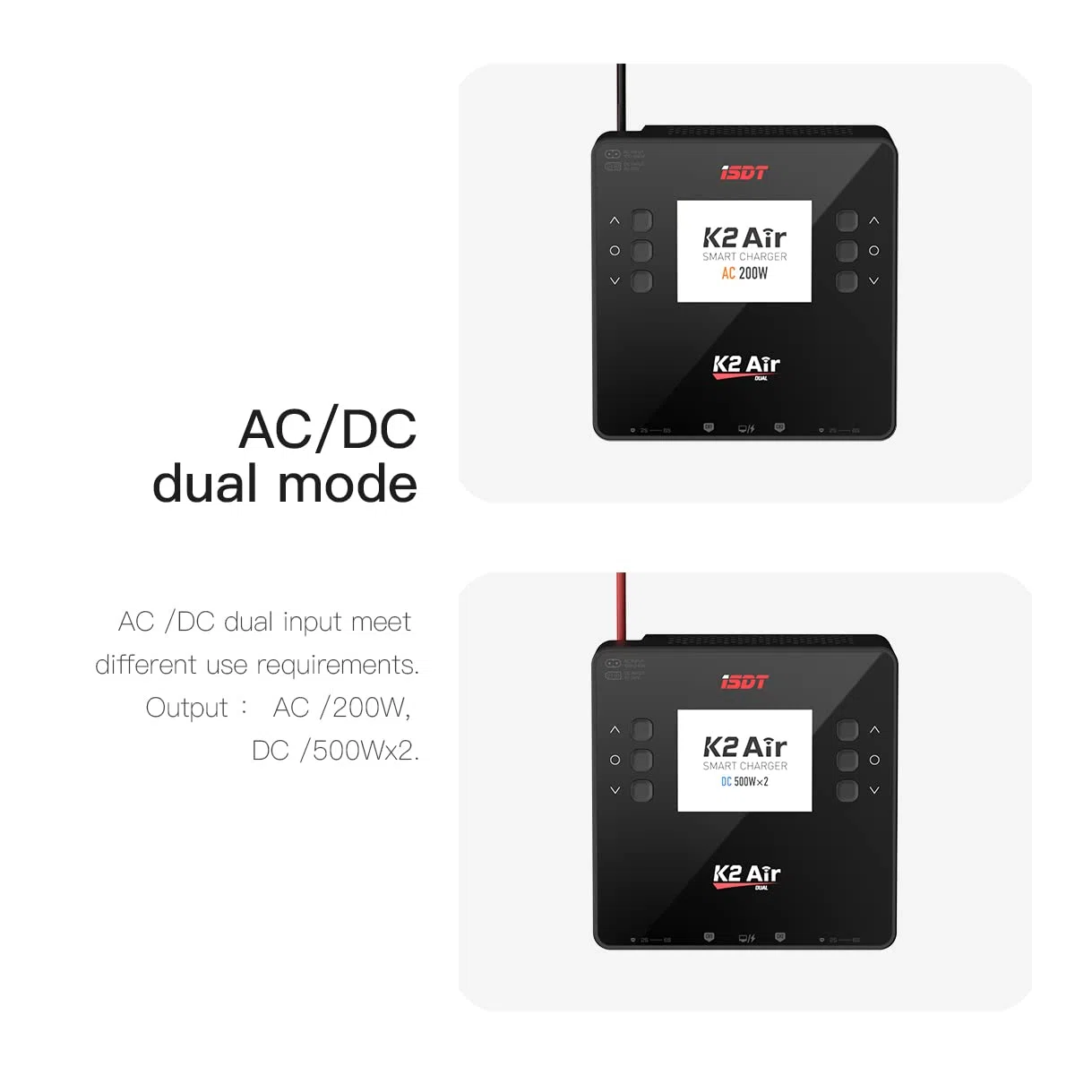 ISDT K2 Caricabatterie Lipo Scaricatore bilanciamento AC 200W DC 500Wx2 Dual per modelli RC Caricatore astuto dell'equilibrio della batteria dell' hobby RC LCD 1-6S Li-ion Life NiCd NiMH LiHV PB