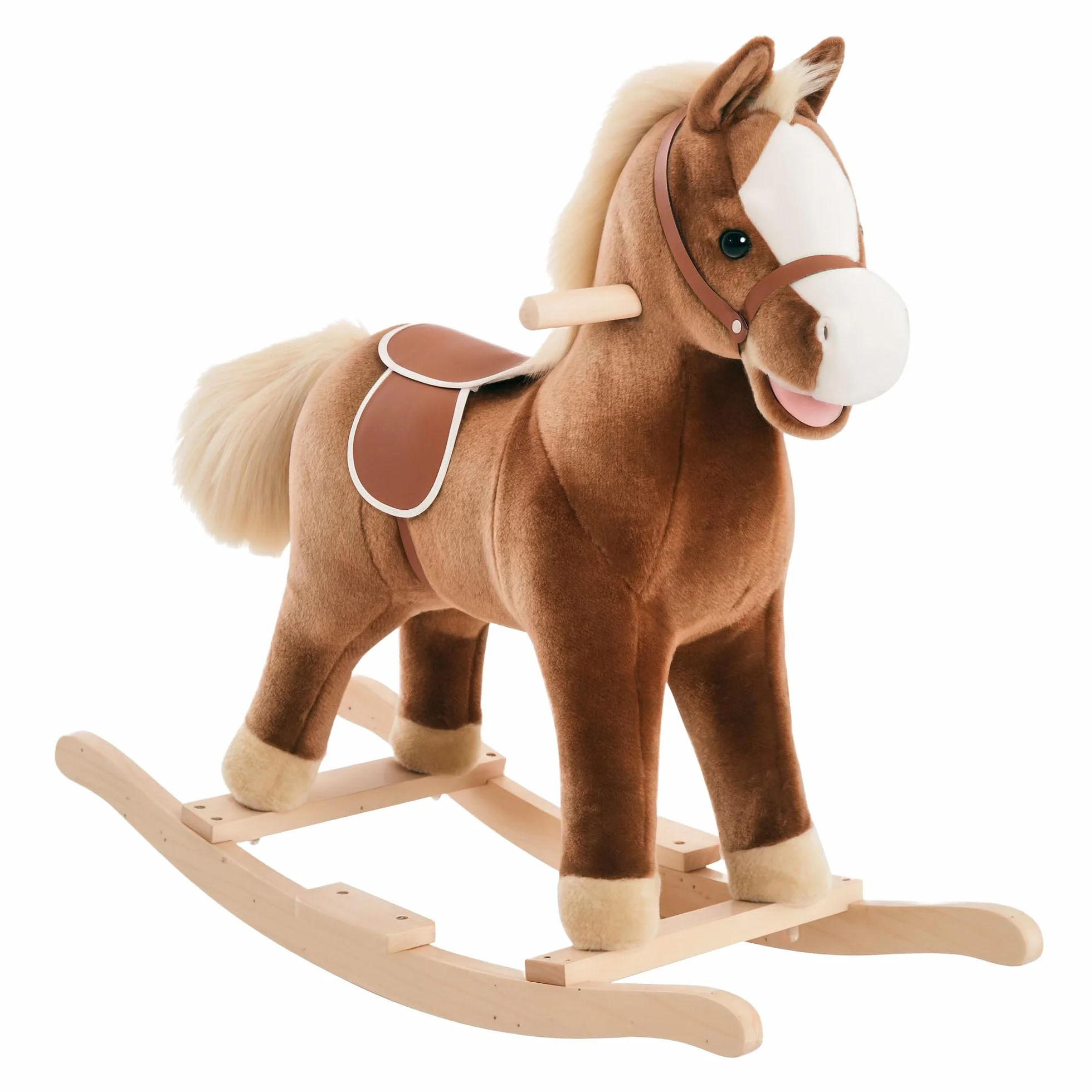 HOMCOM Cavallo a Dondolo per Bambini in Legno, Giocattolo Cavalcabile per Bambini in Peluche, 74x33x62 cm, Marrone