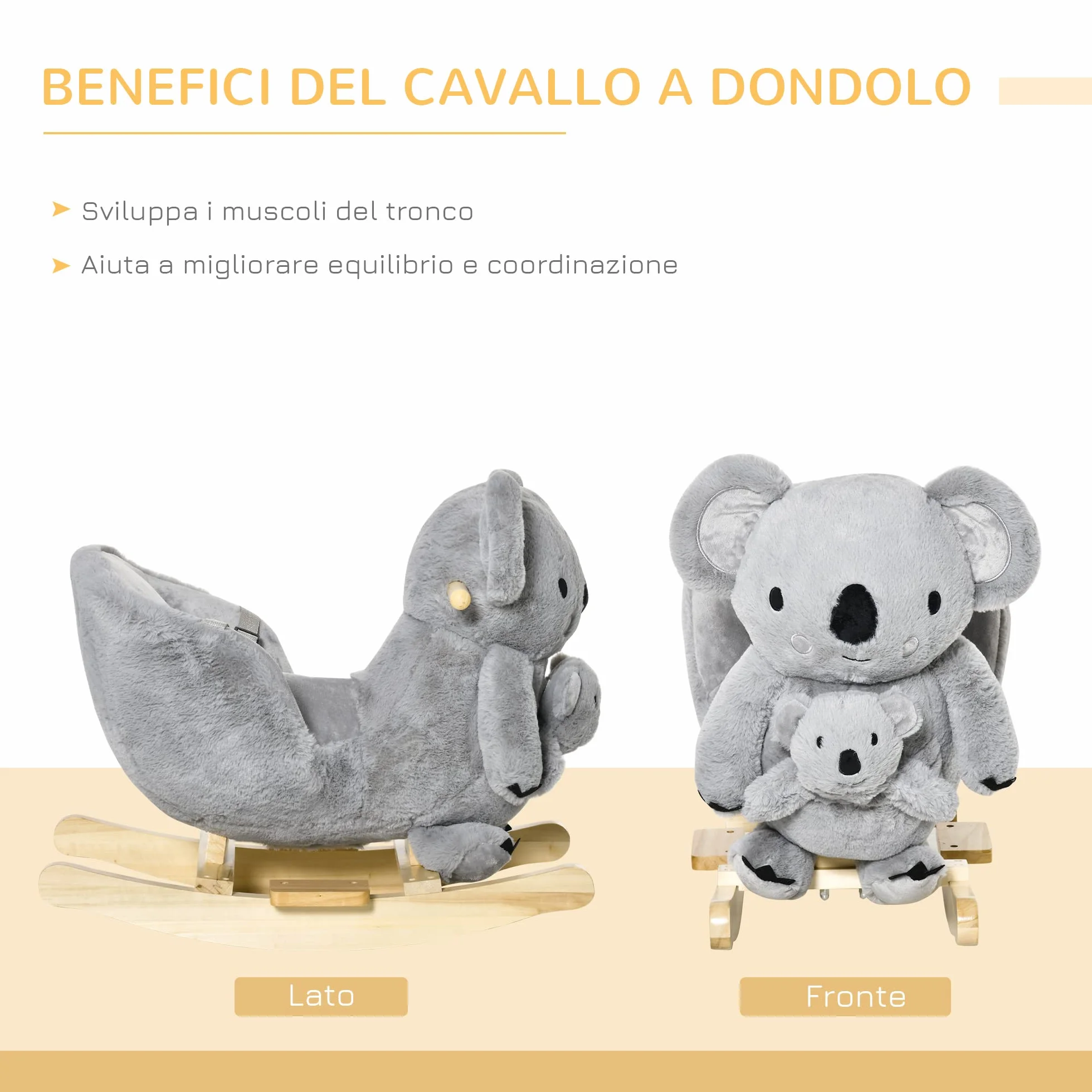 HOMCOM Cavallo a Dondolo Koala in Peluche Imbottita con Suoni, Cintura di sicurezza e Base in Legno, 60x33x50cm, Grigio