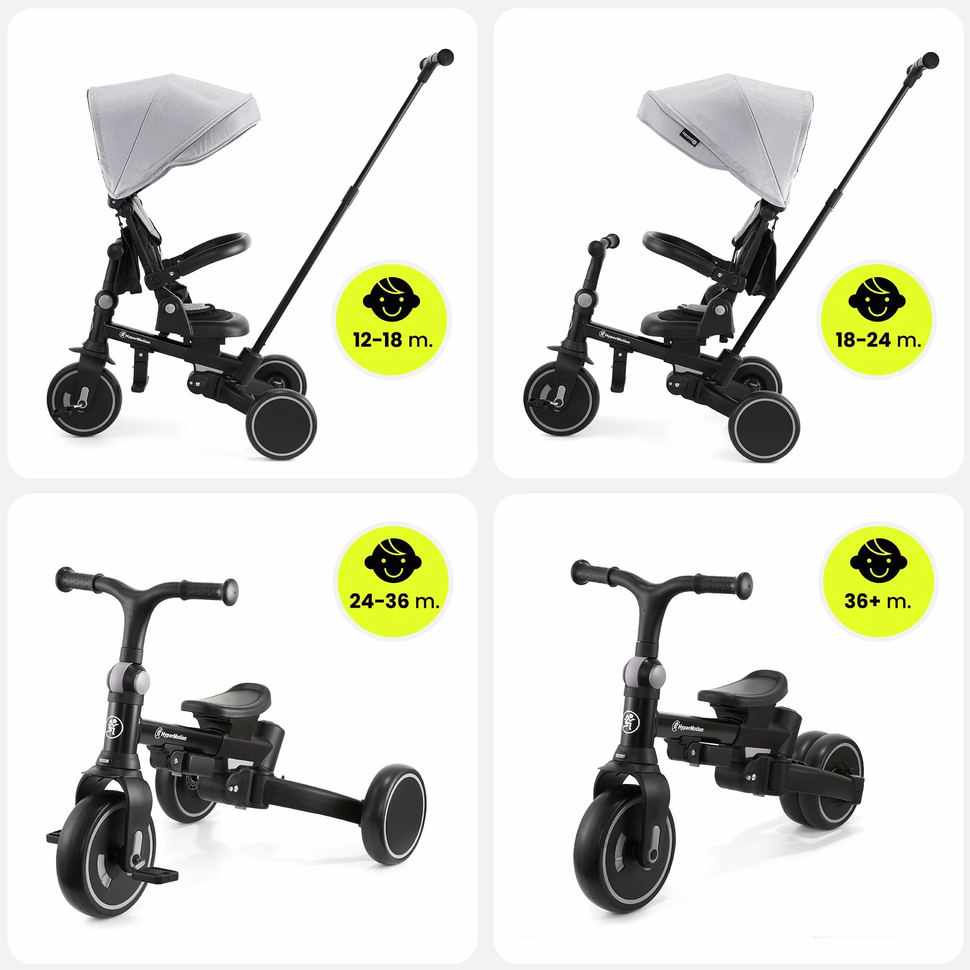HyperMotion Triciclo Evolutivo 8 in 1 – Triciclo Passeggino Reclinabile e Pieghevole con Seduta Girevole 360° – con Cappottina, Maniglione e Cintura – per Bambini 1-5 Anni