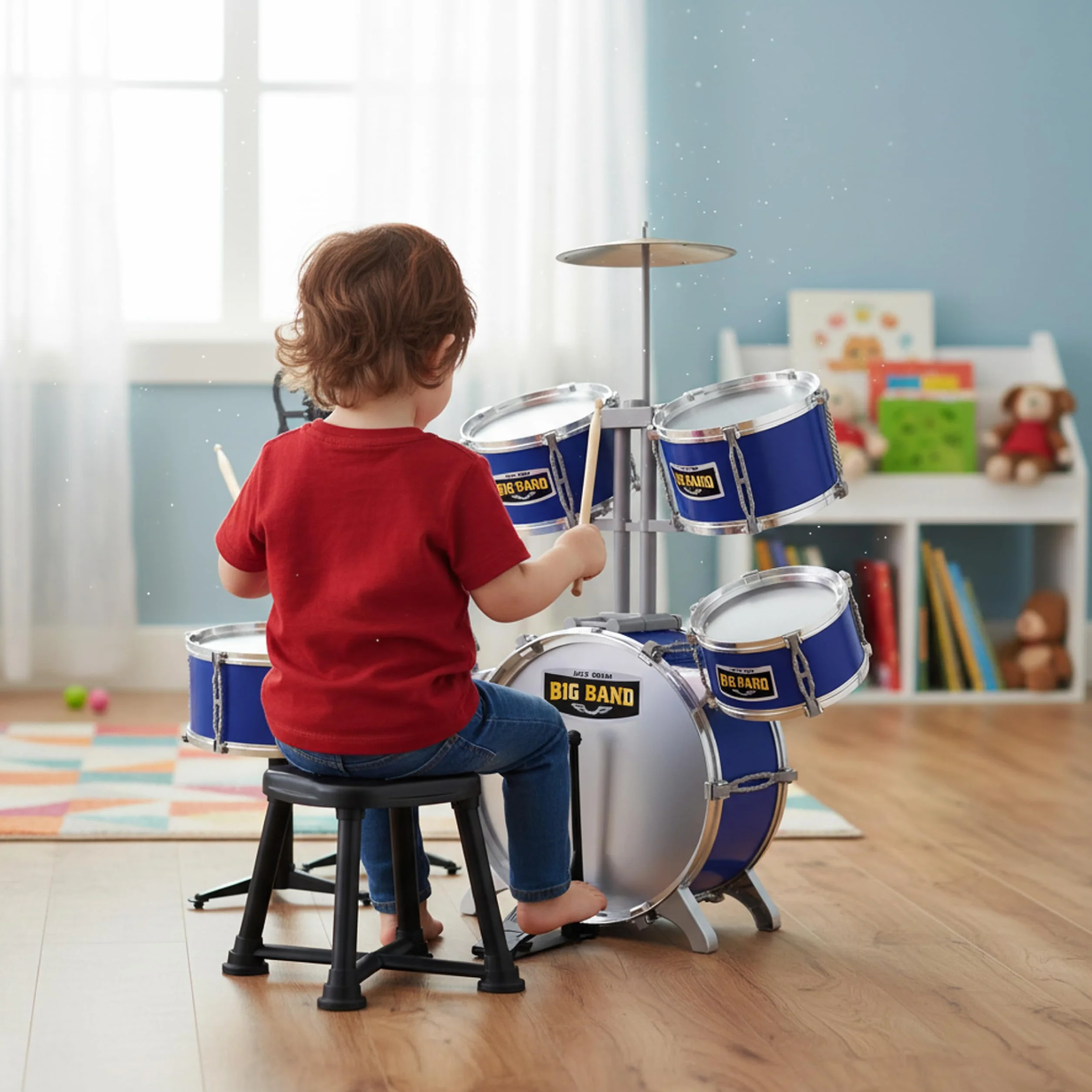 Set Batteria per Bambini Baroni Toys, Batteria Giocattolo Completa 8 Pezzi con Sgabello, Tamburi e Piatti, Gioco Musicale Educativo, +3 Anni, Blu, 72x43x83cm