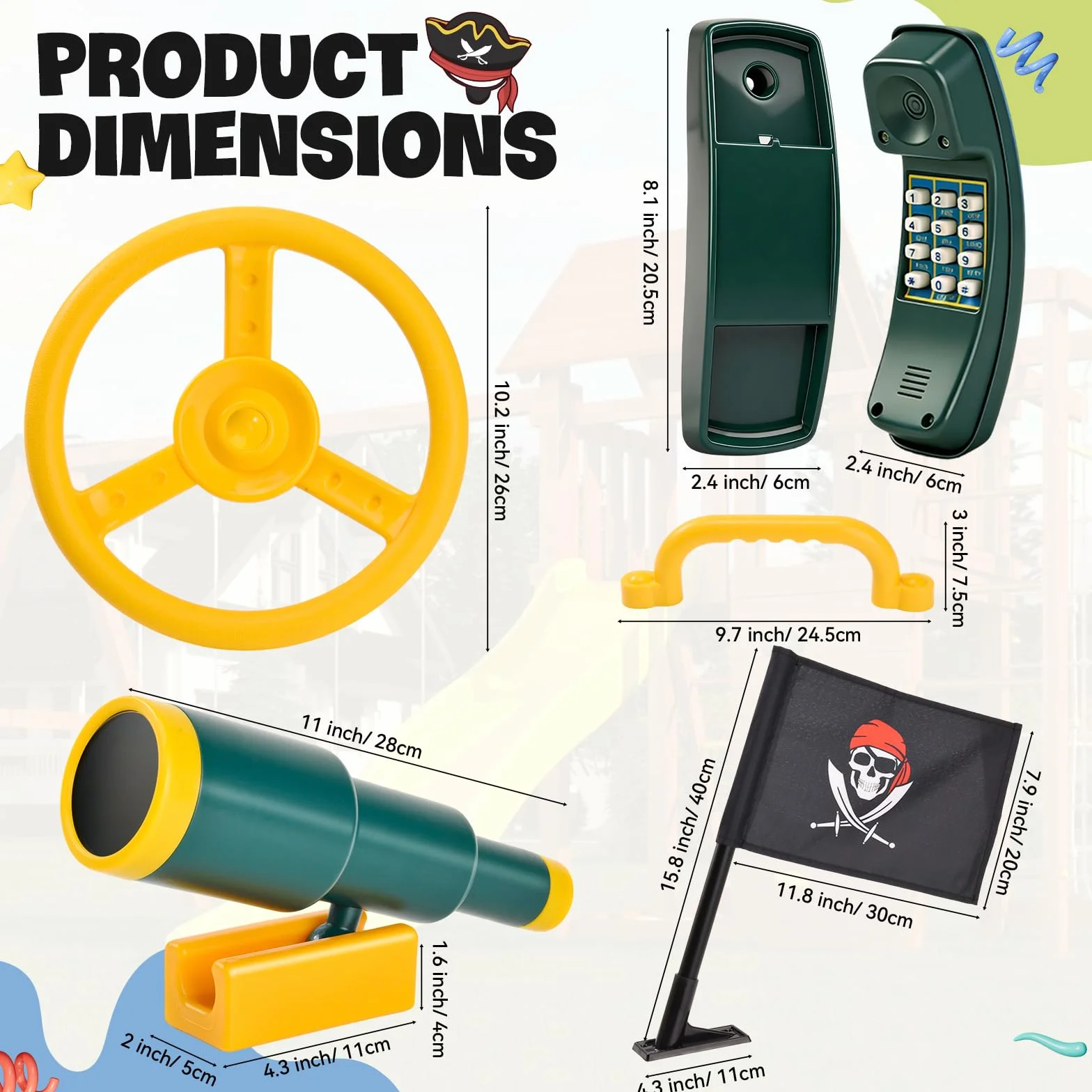 Set di Accessori per Torre di Gioco, Maniglie di Sicurezza per Parco Giochi con Volante,Telescopio e Telefono Giocattolo, Maniglie per Torre Giochi per Altalene, Parco Giochi, Alberi