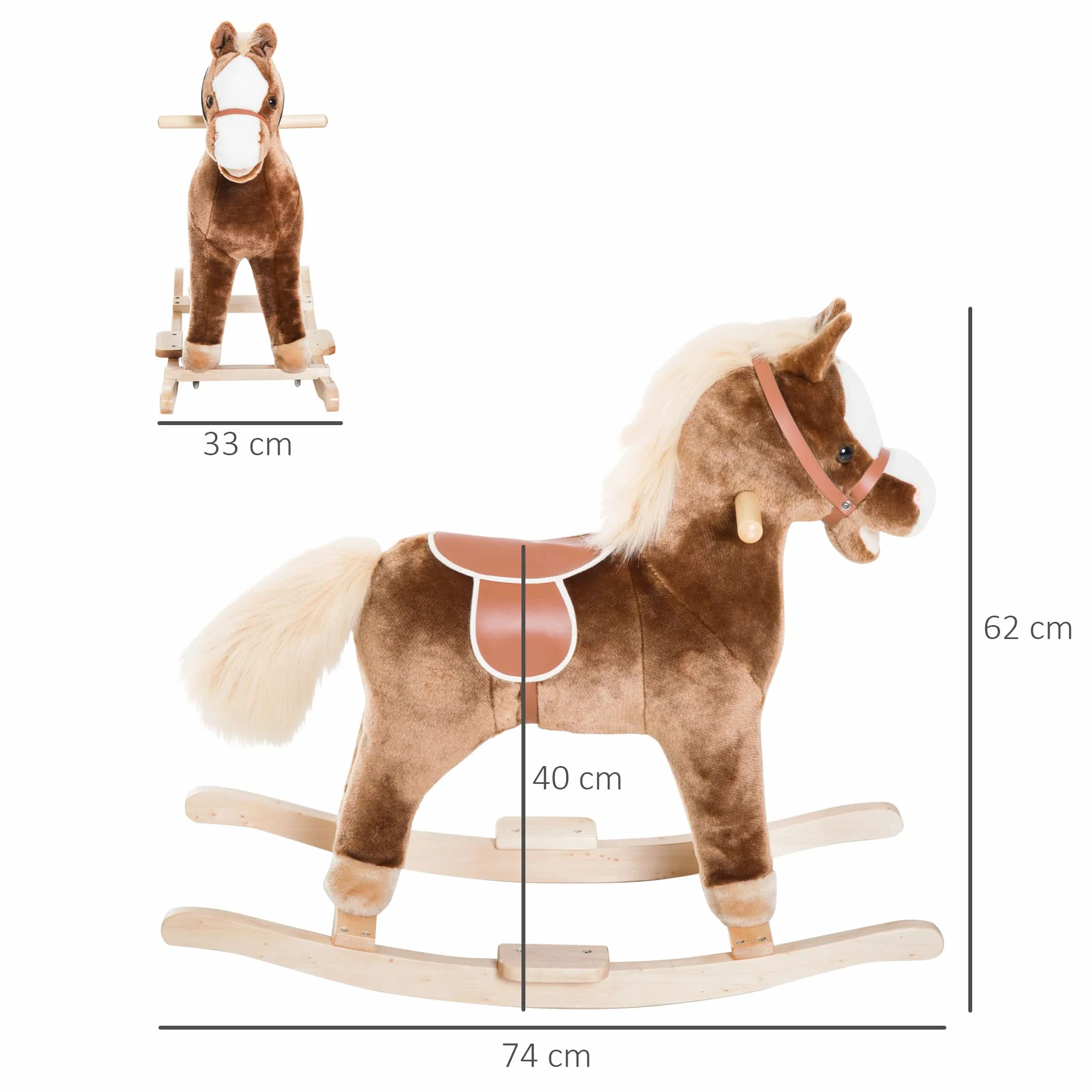 HOMCOM Cavallo a Dondolo per Bambini in Legno, Giocattolo Cavalcabile per Bambini in Peluche, 74x33x62 cm, Marrone