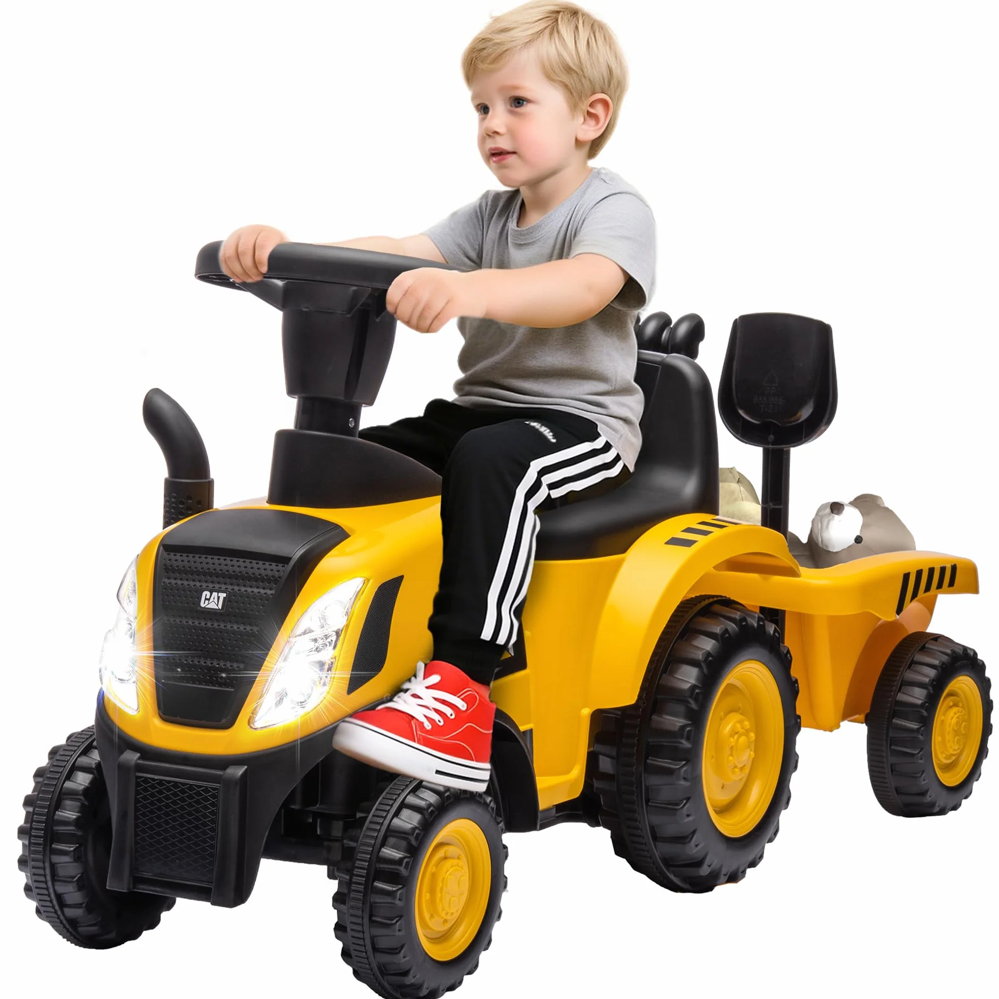 AIYAPLAY Camion Giocattolo per Bambini 12-36 Mesi con Pala e Rimorchio Integrati, Escavatore per Bambini Cavalcabile in PP e Metallo, 91x29x44 cm, Giallo