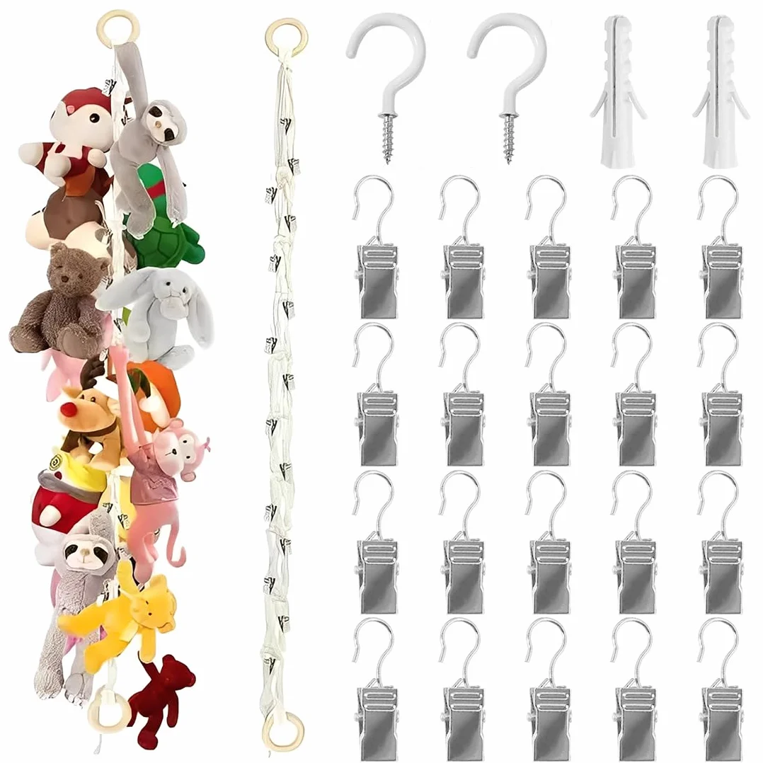 2M Porta Peluche da Appendere, Supporto per Animali di Peluche da Appendere, Porta Peluches Salvaspazio, Con 20 Clip in Metallo per la cameretta dei bambini
