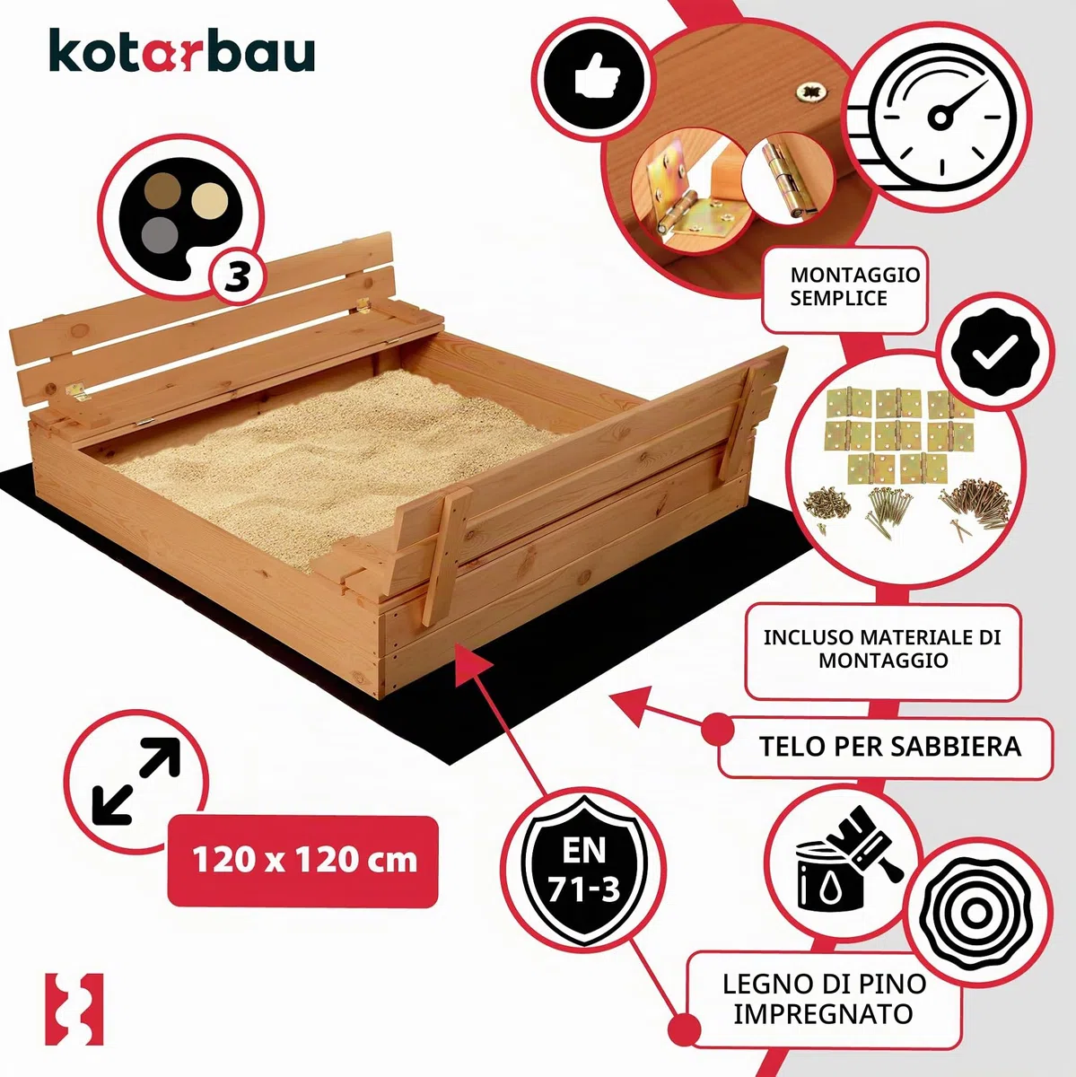 KOTARBAU® Sabbiera per Bambini con Coperchio - Legno di Pino - 120 x 120cm - Marrone - Sabbiera da Giardino per Bambini - con Panche Pieghevoli e Telo Antierba - Impragnato