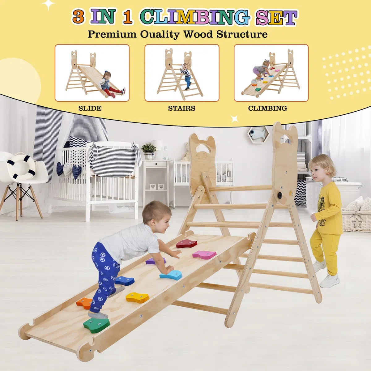 Triangolo di Pikler Montessoriano 3 in 1 per Bambini con Scivolo e Arrampicata Pieghevole