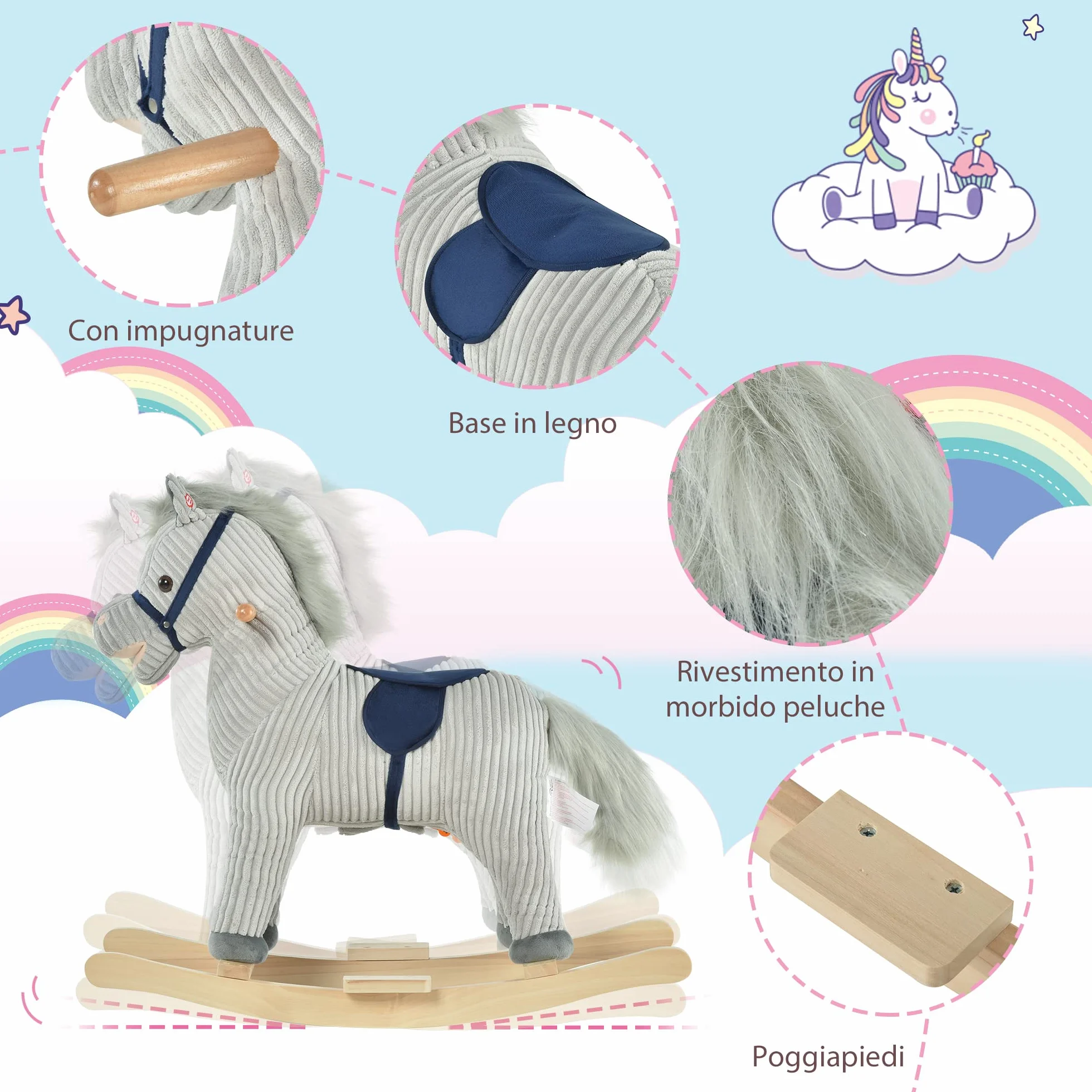 HOMCOM Cavallo a Dondolo per Bambini 3-6 Anni, Cavalluccio a Dondolo Interattivo Riproduce Suoni, in Peluche Grigio, 73x35x64cm