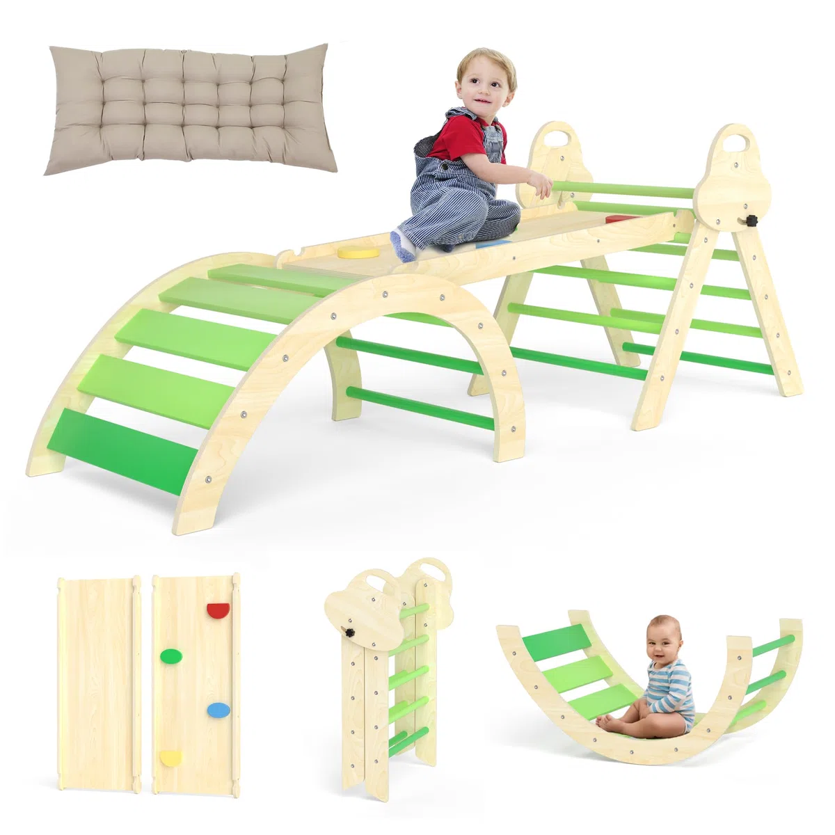 Puecrof Triangolo da Arrampicata Montessori 7 in 1 con Cuscino, Giocattolo da Arrampicata in Legno per Bambini da 1 a 3 Anni, Arco per Arrampicata Indoor con Scivolo, Scala e Arco da Gioco (Verde)