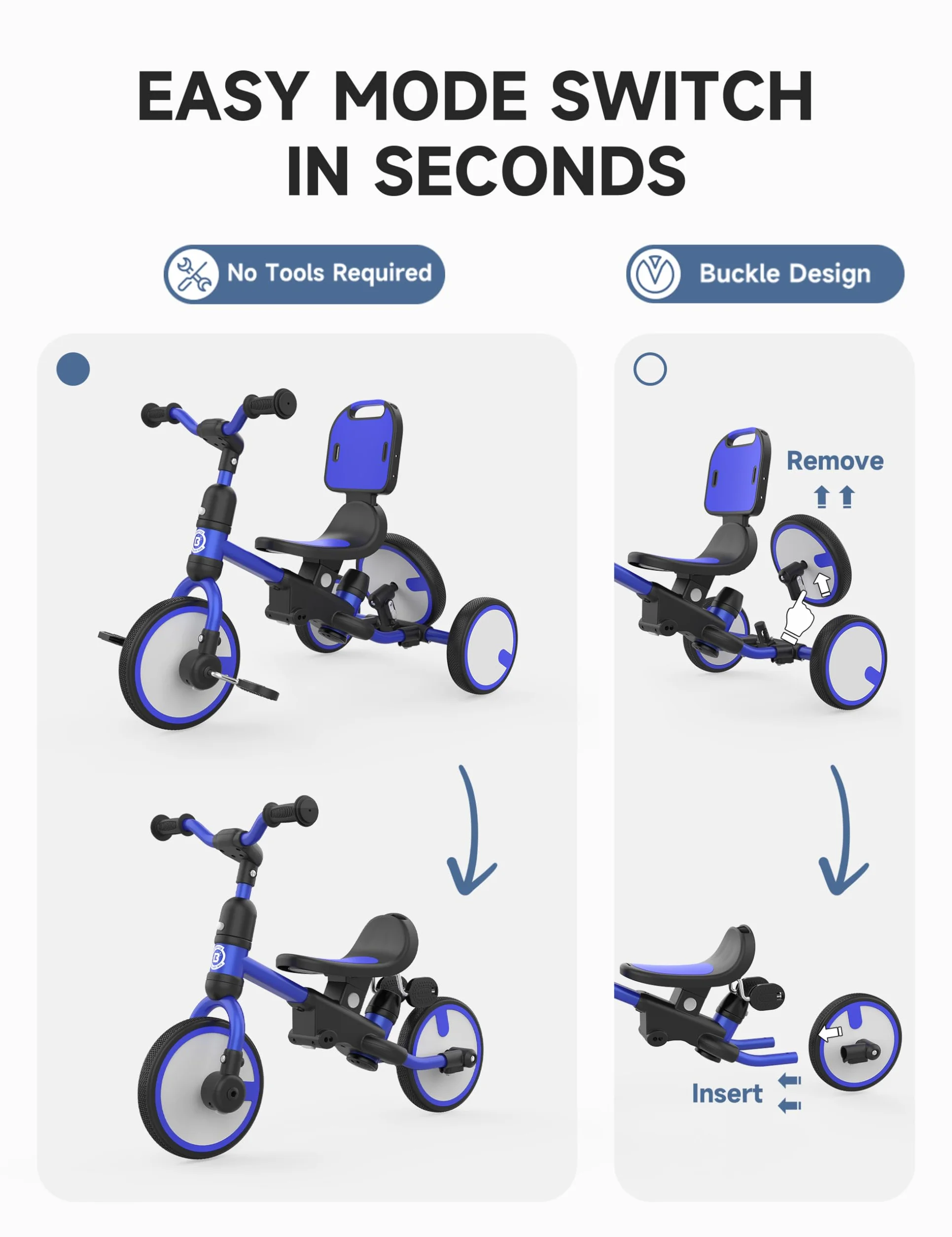 Besrey Triciclo Bambini 5 in 1 – Triciclo Evolutivo con Maniglione e Ruota di Scorta, Bici Senza Pedali per Bambini da 18 Mesi Dotato di Schienale e Cintura, Regalo Compleanno per Bambini (Blu scuro)