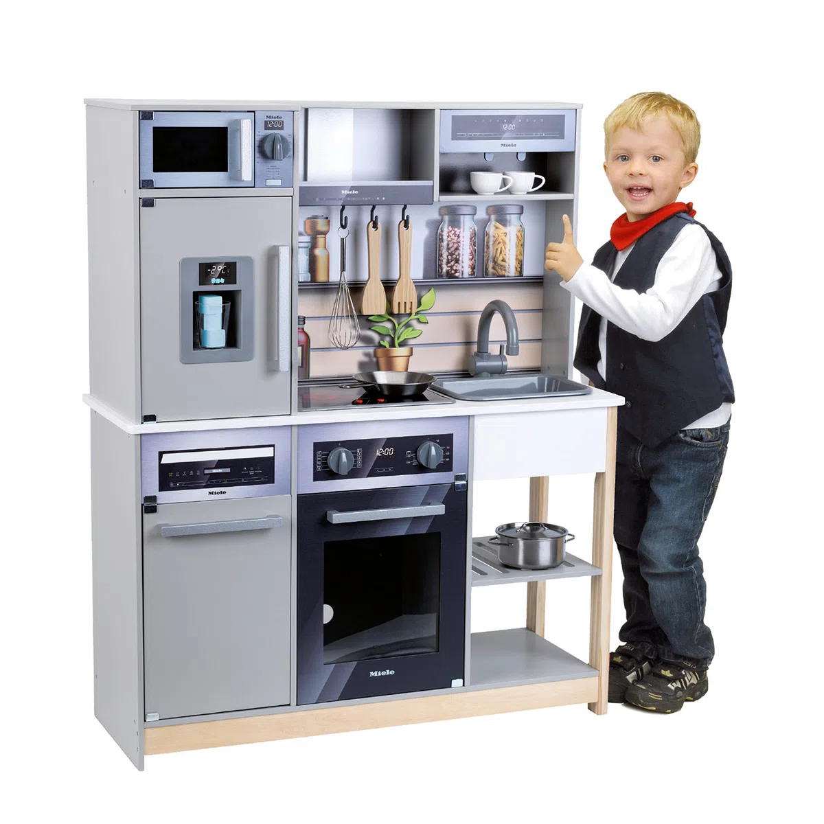 Theo Klein Cucina familiare Miele, in Legno con Fornello, Funzione Luci e Suoni, Forno a Microonde, Frigorifero con distributore di Cubetti di Ghiaccio, Accessori da Cucina, Giocattoli per Bambini 3+