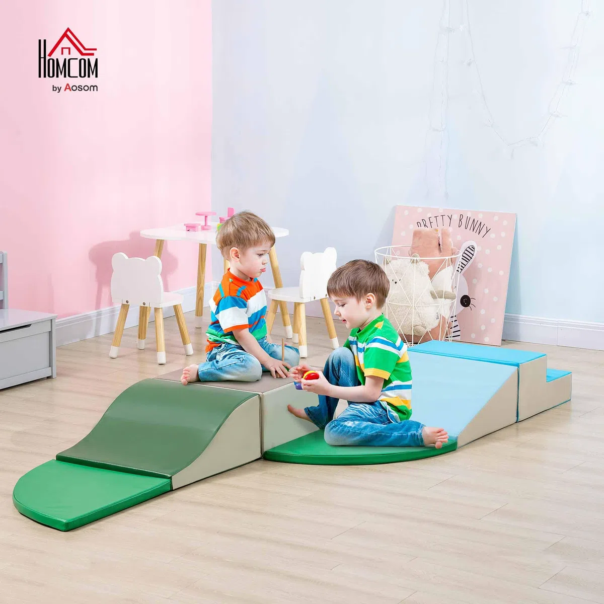 HOMCOM Set da Gioco per Bambini 1-3 Anni 6 Costruzioni Blocchi Morbidi PU EPE Verde Beige Grigio Blu