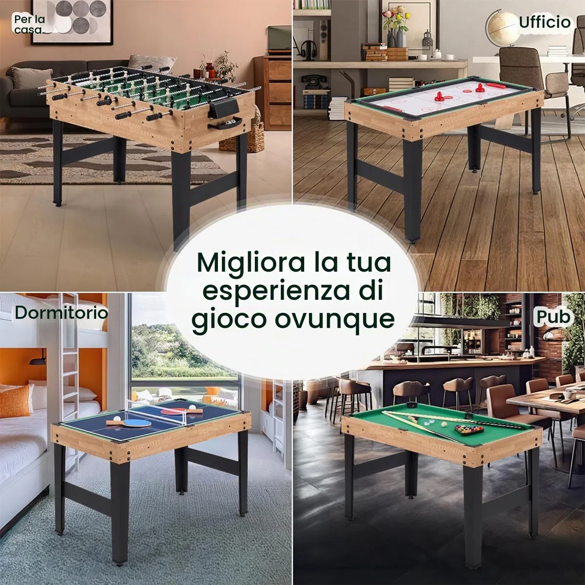 Tavolo Multigioco 4 in 1 Legno Calcio Balilla Biliardo Ping Pong Air Hockey 122x61x73 cm
