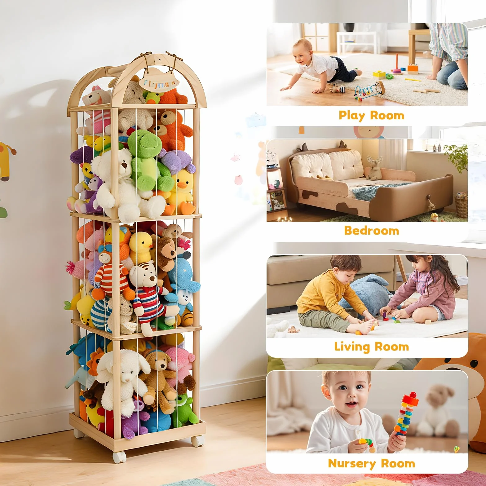 Contenitore per animali di peluche in legno, con ruote attrezzate a 360°, robusto scaffale giocattolo a 3 livelli, per soggiorno, camera da letto, mobili per cameretta dei bambini