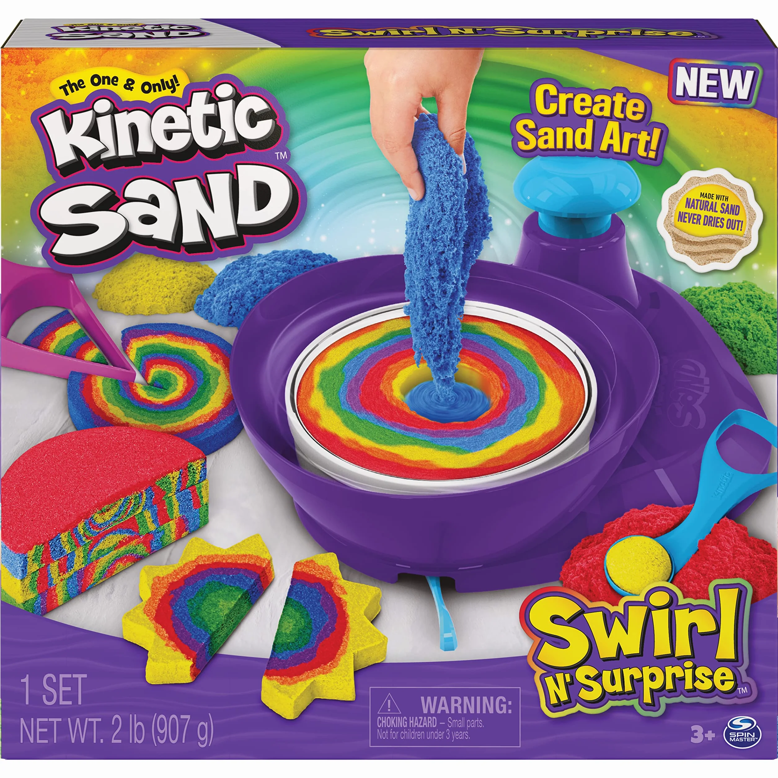 Kinetic Sand |Set Gioco Swirl N' Surprise |Sabbia Colorata in 4 variazioni | Sabbia cinetica 907gr | Sabbia Magica da Modellare | 4 Accessori e Mixer |Giocattoli per Bambini e Bambine 3 Anni