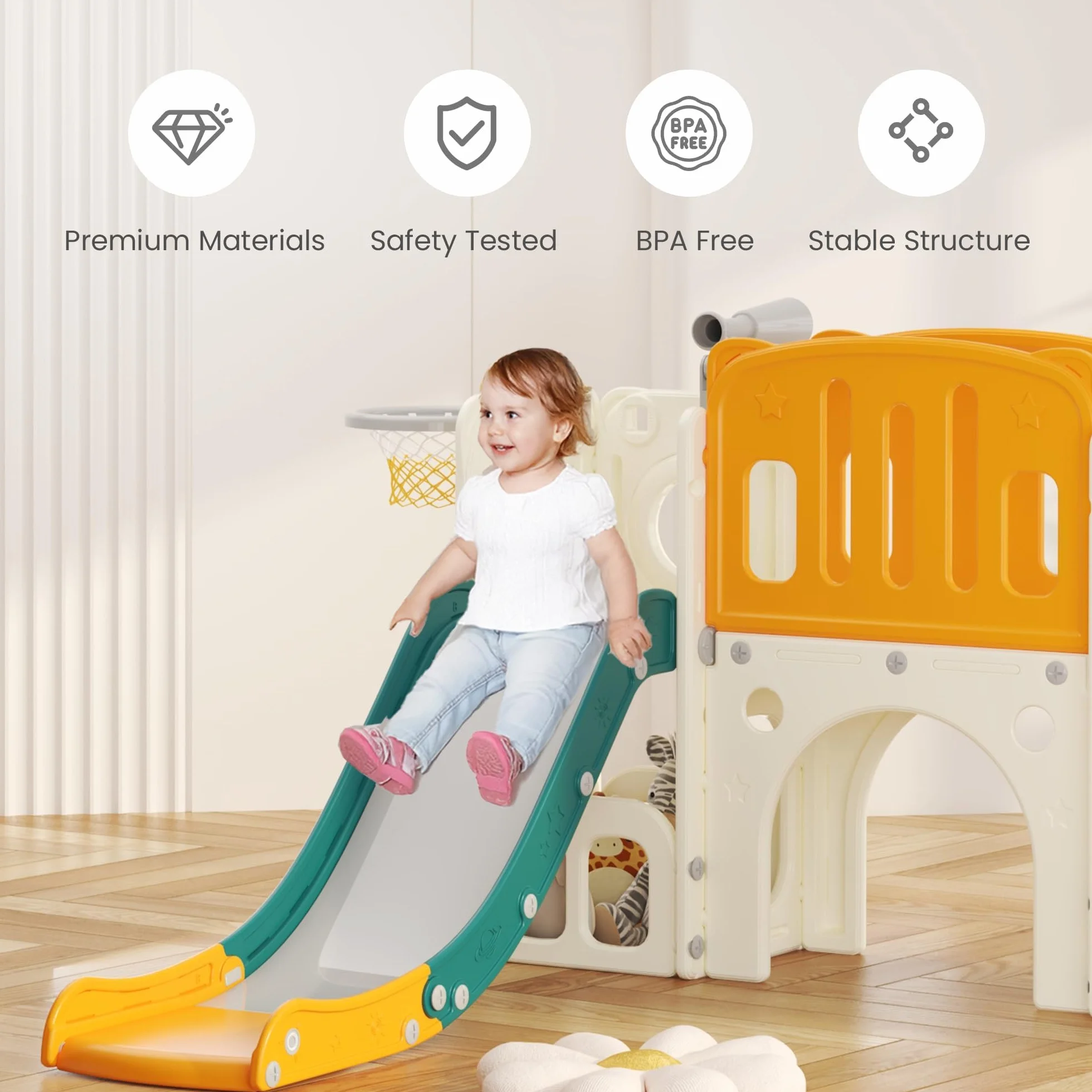 Scivolo per Bambini con Scala da Arrampicata, Canestro da Basket e Tunnel, Set di Scivolo in Plastica per Interni per Bambini, Giochi Montessori per Parco Giochi, Verde