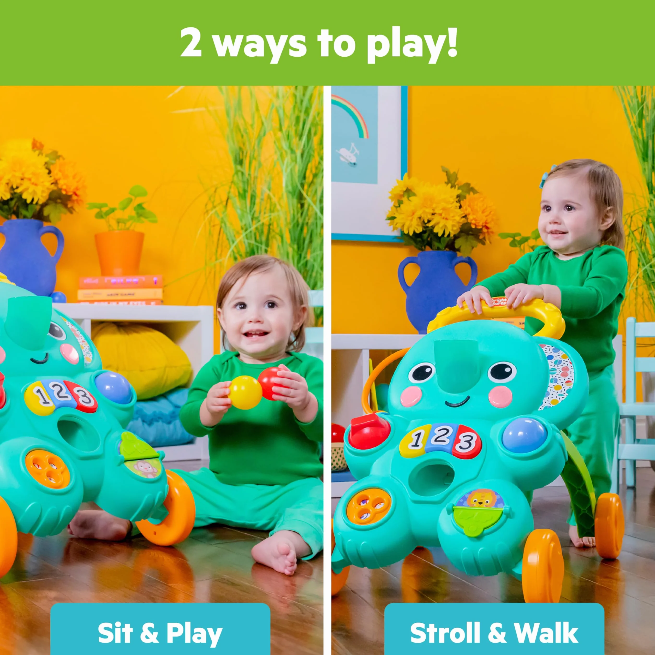 Bright Starts Stroll 'N Roll 2 in 1 Ball Play Walker - Elefante con luci e musica, unisex, 6 mesi +