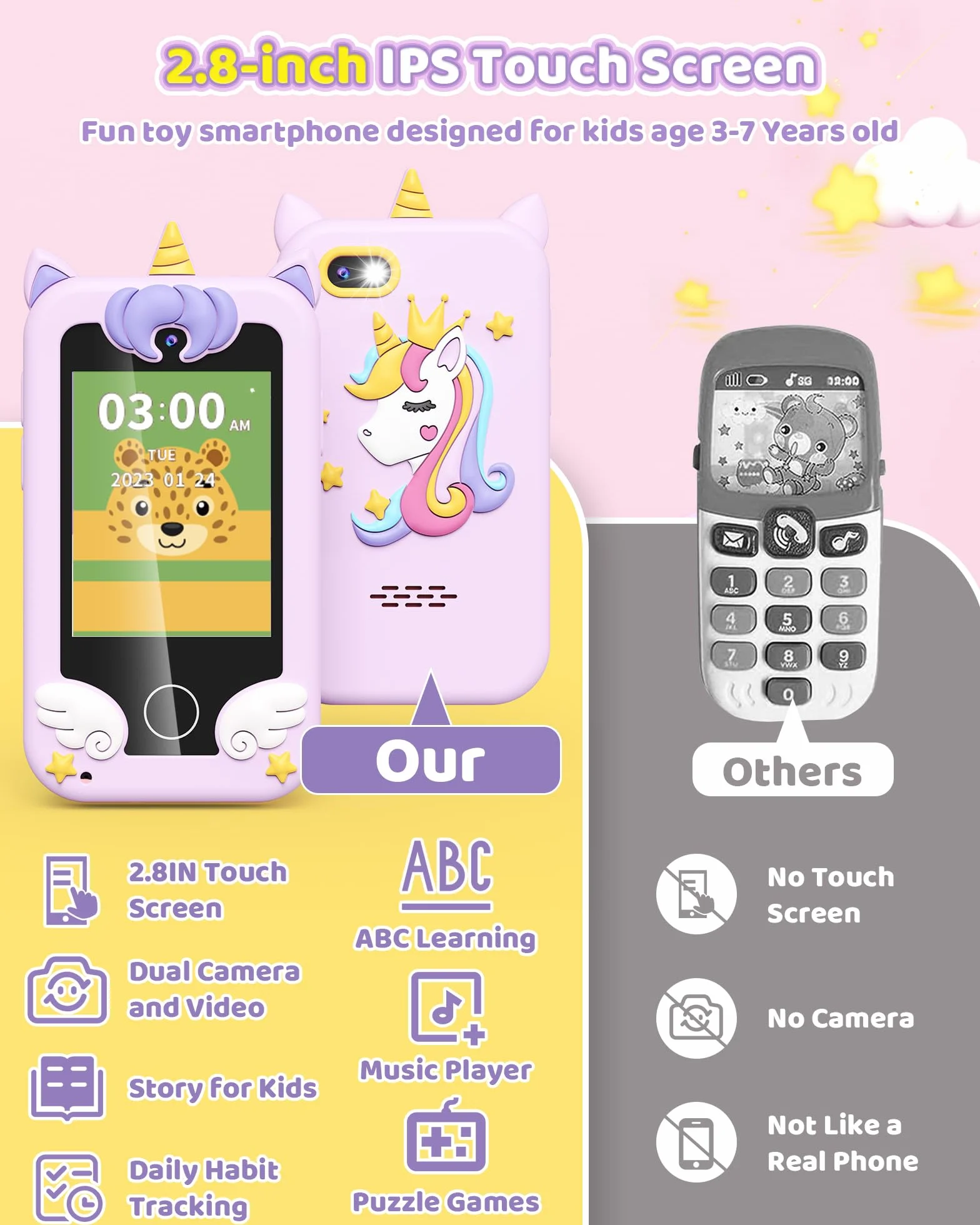 Telefono Giocattolo per Bambini, Regali a Tema Unicorno per Bambini e Bambine da 3 a 8 Anni, Smartphone con Schermo Tattile, Musica, Doppia Fotocamera e Giochi di Puzzle, Ideale per Compleanno