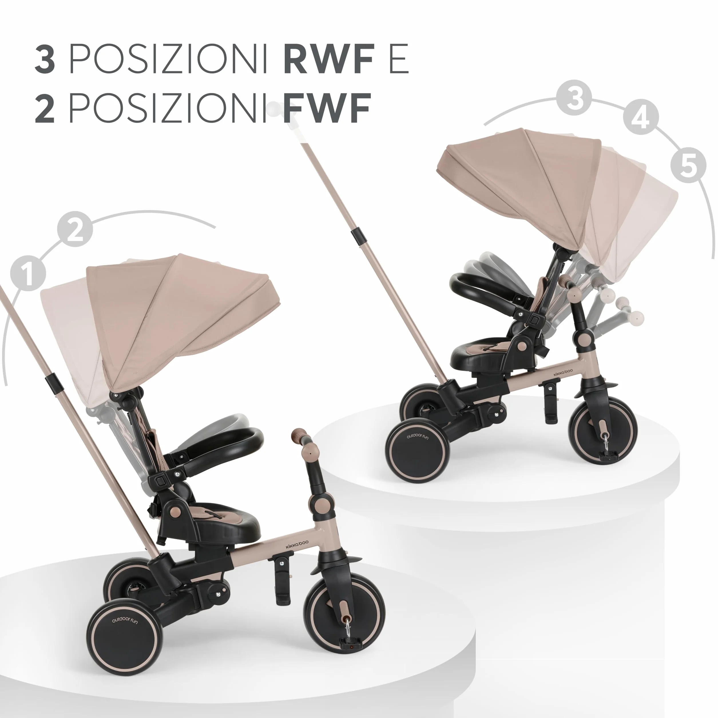 KikkaBoo Triciclo Evolutivo 8 in 1 ALUMA, da 12 Mesi a 5 Anni, Triciclo Passeggino Pieghevole con Maniglione per Genitori, Beige