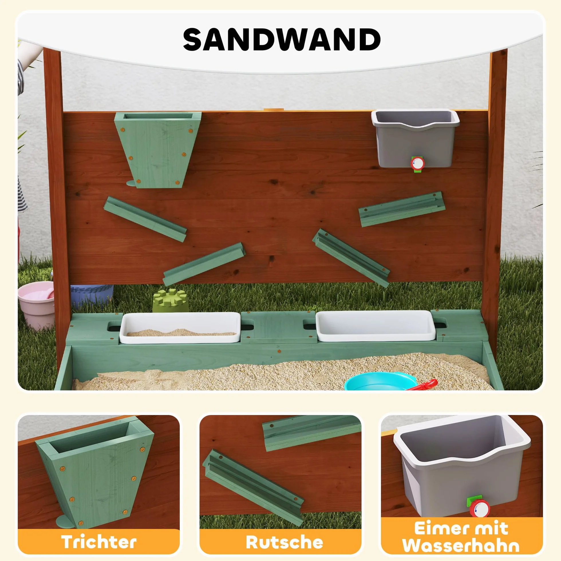 AIYAPLAY Sabbiera con tetto, 116 x 112,5 cm sabbiera in legno Sabbiera con sedile, 2 contenitori, sabbia e giochi d'acqua, secchio con rubinetto per bambini da 3 a 6 anni Verde