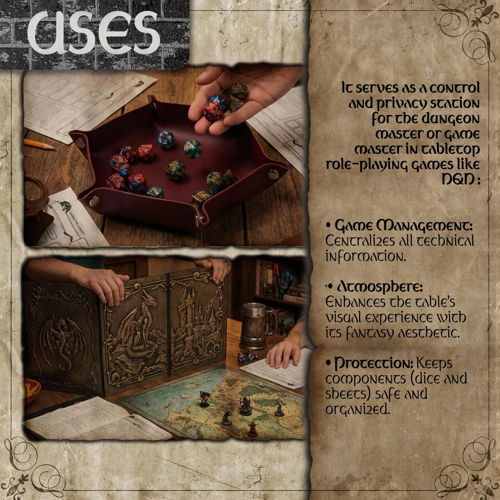 Schermo Dungeon Master con Vassoio per Dadi DOJA Hobbies, DM Screen DnD Pieghevole 4 Pannelli in Pelle Sintetica Dorata con Tasche Personalizzabili, Accessori Dungeons & Dragons Gioco di Ruolo