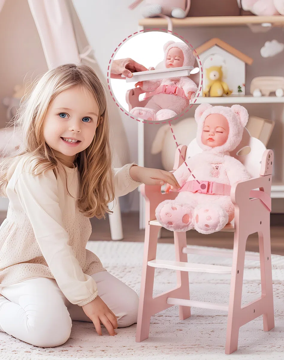 ROBUD Seggiolone per Bambini con Cintura di Sicurezza Regolabile, Tavolo e Poggiapiedi per Bambole fino a 18", Giocattolo dai 3+ Anni Rosa