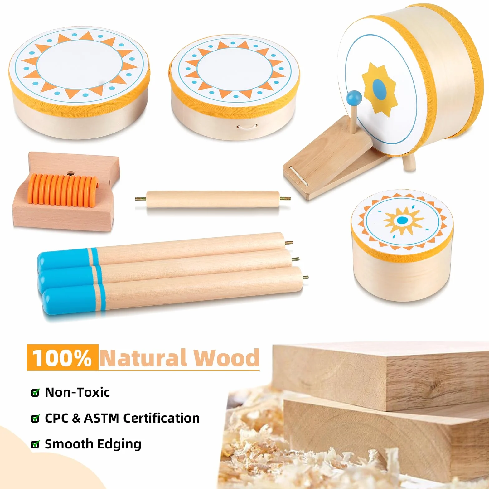 Tamburo Montessori per Bambini 1+ Anno | Set di Tamburi Educativi in Legno per Bambini 1-3 Anni | Strumenti Musicali per Neonati, Regalo Perfetto per Compleanno/Natale per Ragazzi e Ragazze