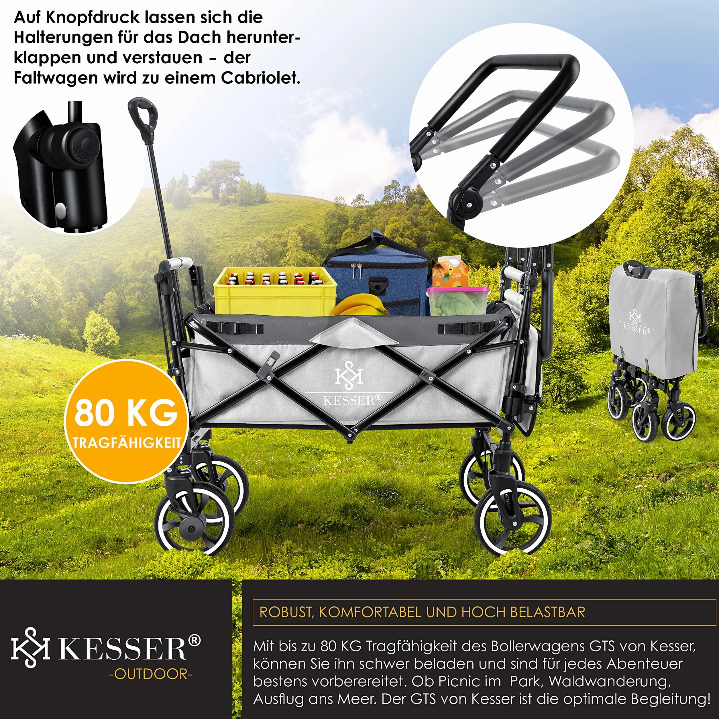 KESSER® - Carrello pieghevole manuale GTS-9100 con tettoia, carrello pieghevole con 2 sistemi con cinture a 3 punti, ruote in gomma girevoli a 360° e sistema di prolungamento interno, freno anteriore