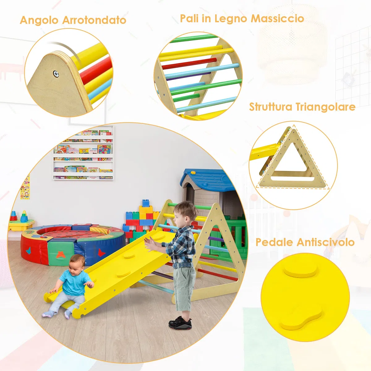 GYMAX Triangolo da Arrampicata per Bambini con Scivolo, Legno, Giocattolo a Scala, Esterno, Montessori, Colorato