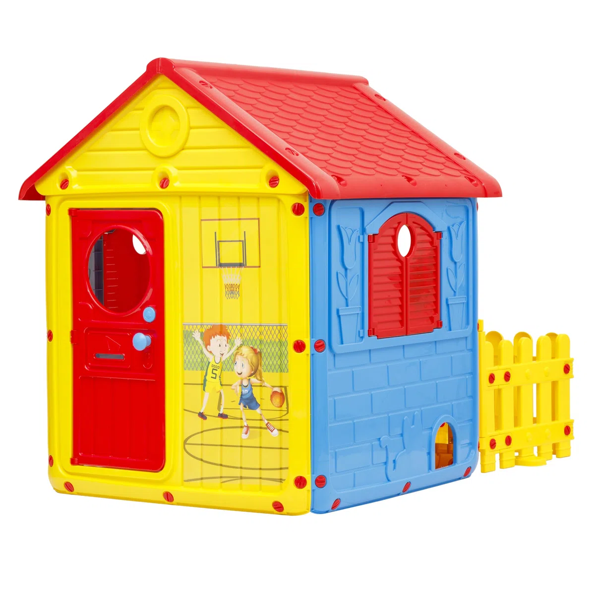Baroni Toys Casetta da Giardino per Bambini, Casina in Plastica 122x104x110 cm Gialla Rossa Blu con Recinto