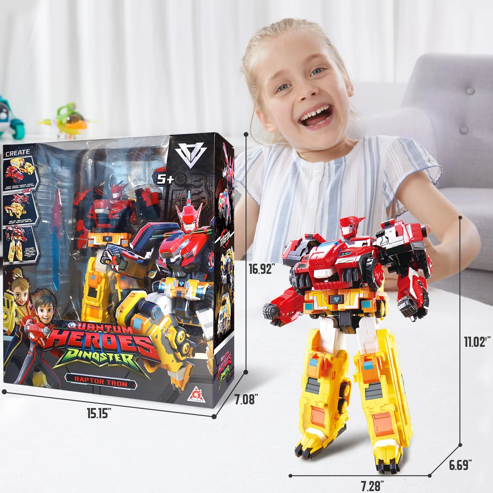 QUANTUM HEROES DINOSTER Robot trasformatore 3 in 1 Raptor Tron, 11,02 pollici, Carro Dinosauro e Robot Transformable Giocattoli per bambini e bambine di 5 6 7 8 9 10 anni