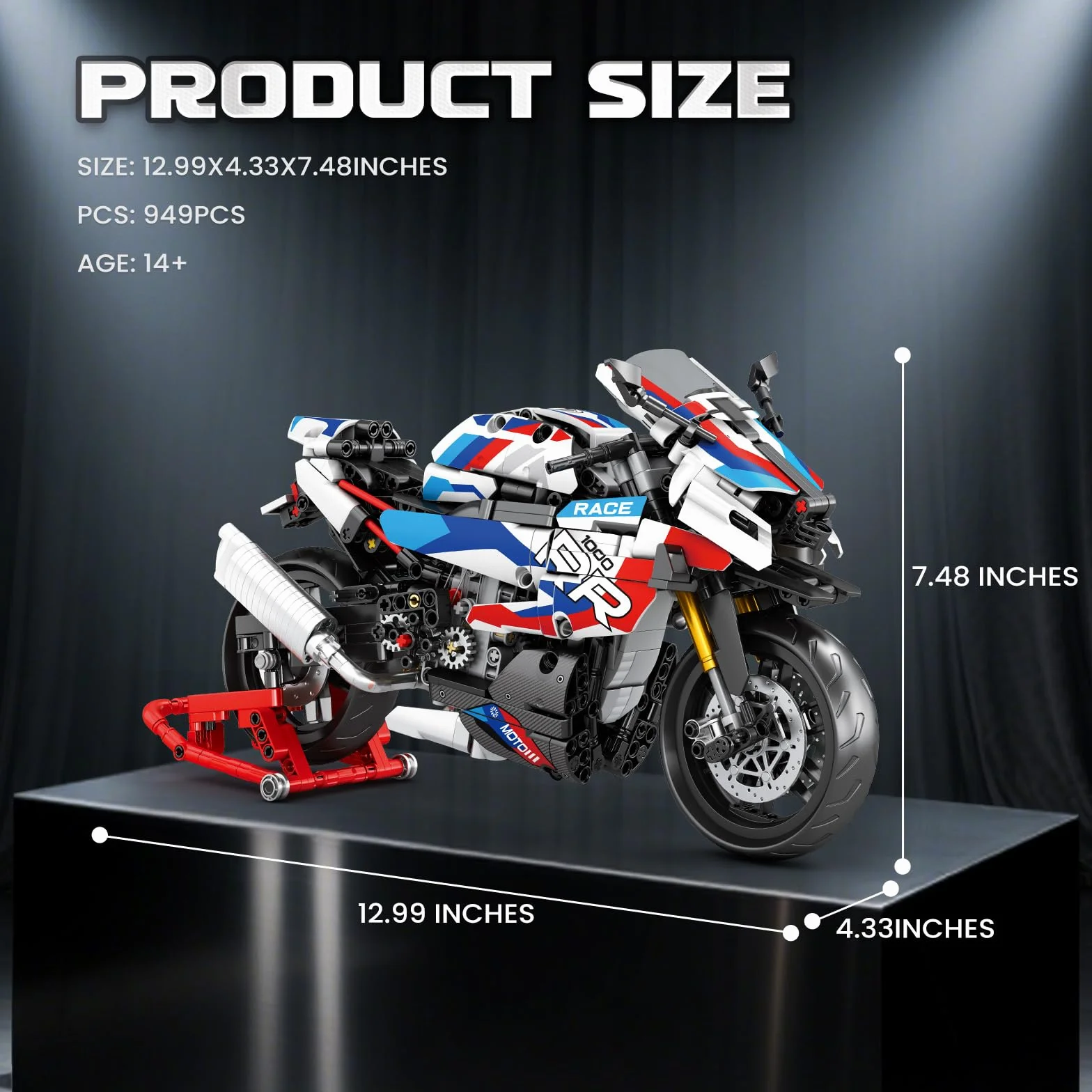 Reobrix Motorcycle 1000 RR Technic Set di Costruzione 1:8 949 Pezzi Modello Moto da Collezione con Supporto 14+