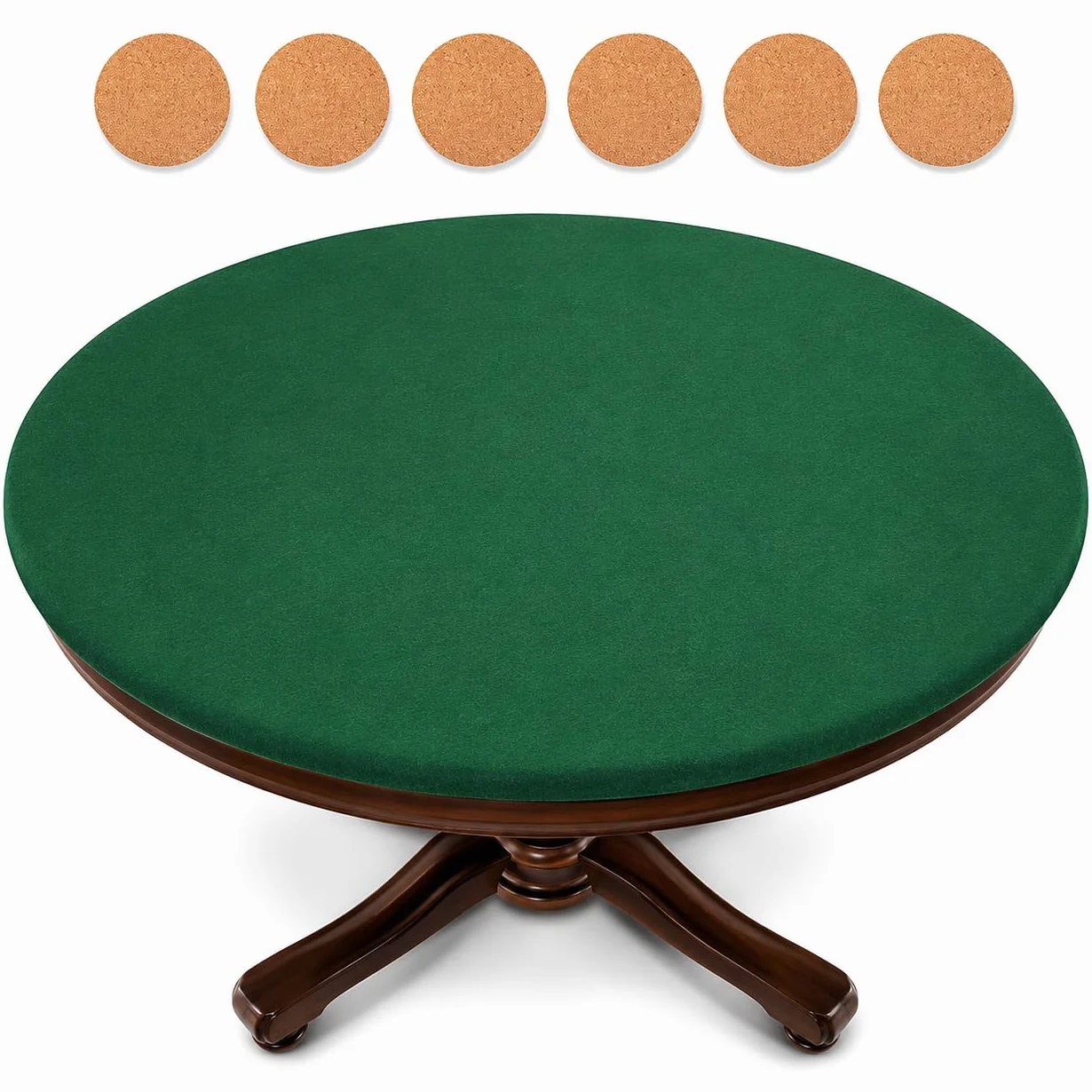 Katai – Copritavolo da Poker in Panno Verde per Tavoli Rotondi 90–120 cm – Antiscivolo e Fonoassorbente – Stile Casinò per Giochi da Tavolo – Con 6 Sottobicchieri in Sughero