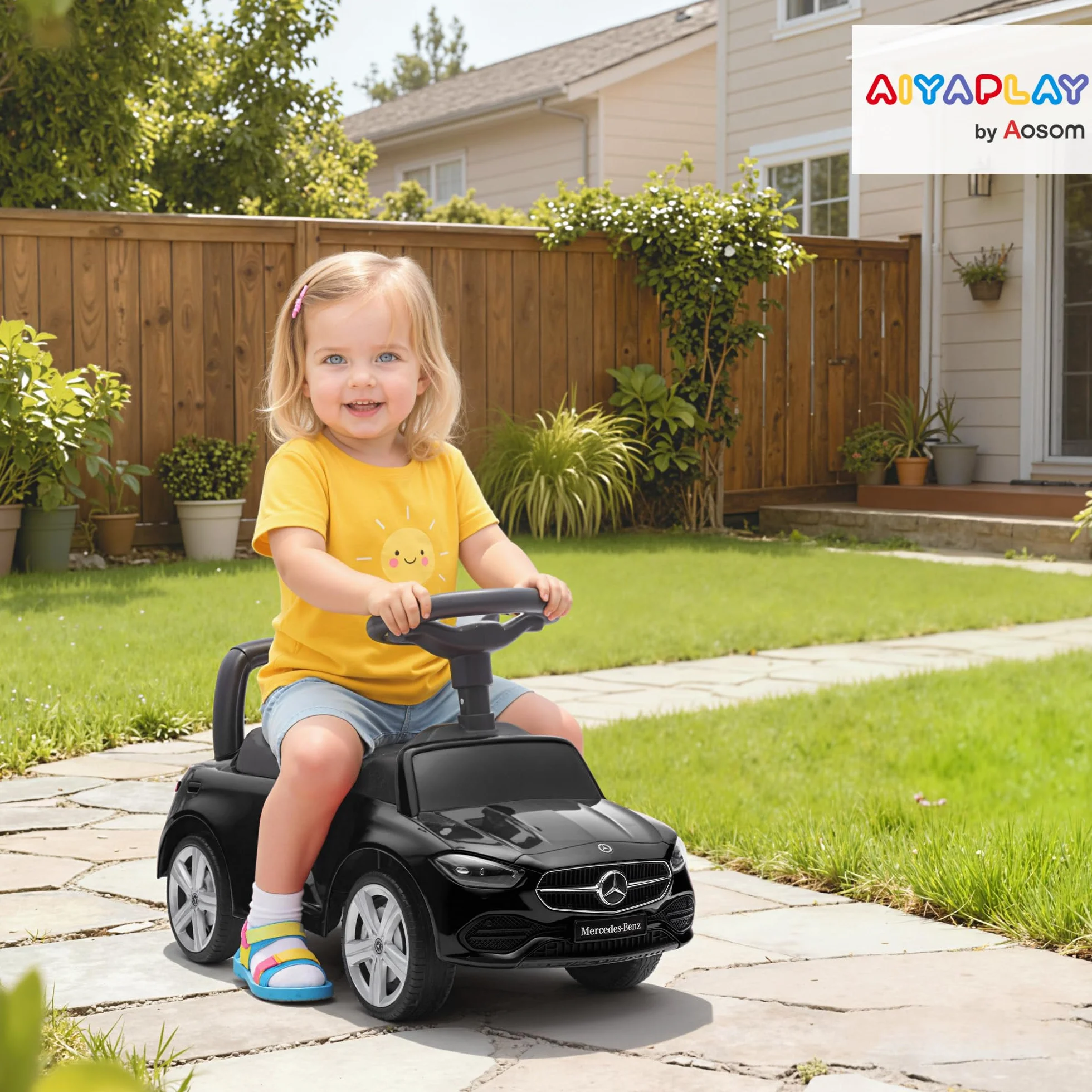 AIYAPLAY Macchina Primi Passi per Bambini Licenza Mercedes Benz con Clacson e Spazio Portaoggetti, Auto per Bambini in PP e Acciaio, 65x28x39 cm, Nero