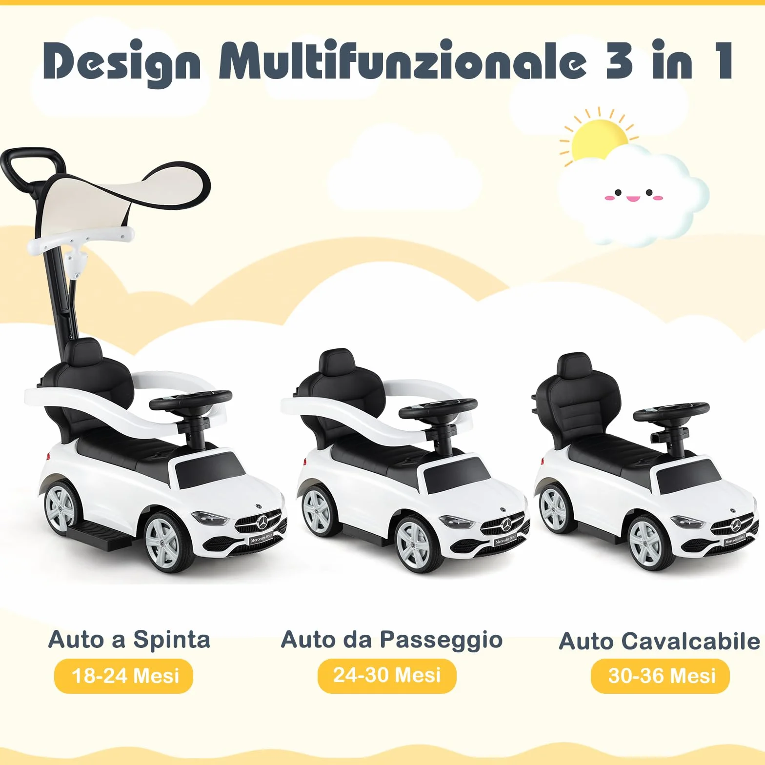 COSTWAY 3 in 1 Auto a Spinta, Mercedes-Benz Macchina Cavalcabile, con Schienale Regolabile Suono Barra di Spinta e Tettuccio, per Bambini 18-36 Mesi (Bianco)
