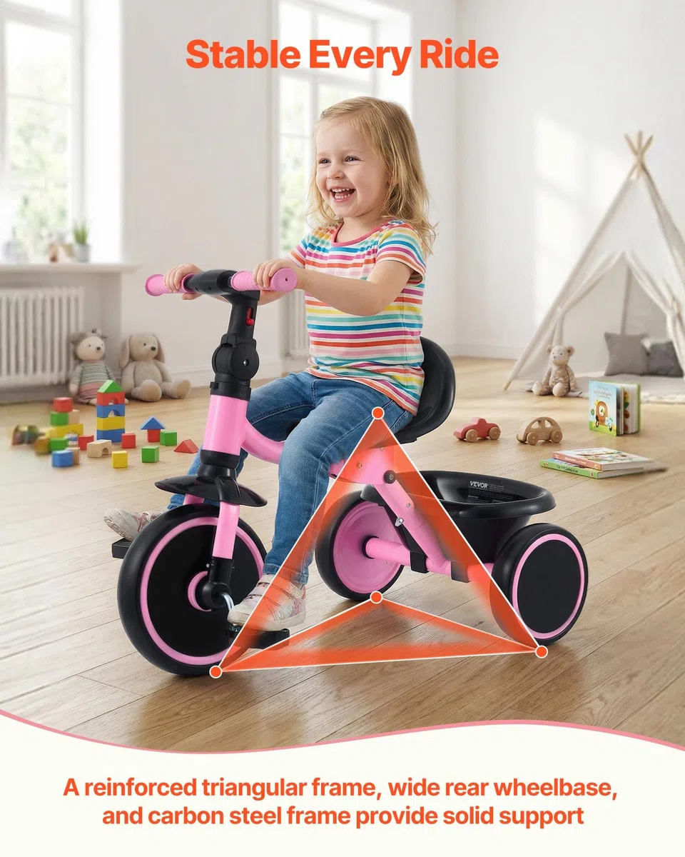 VEVOR Triciclo per Bambini 2-5 Anni con Sedile Regolabile Cestino Posteriore Telaio Acciaio Carbonio Ruote EVA Rosa Nero