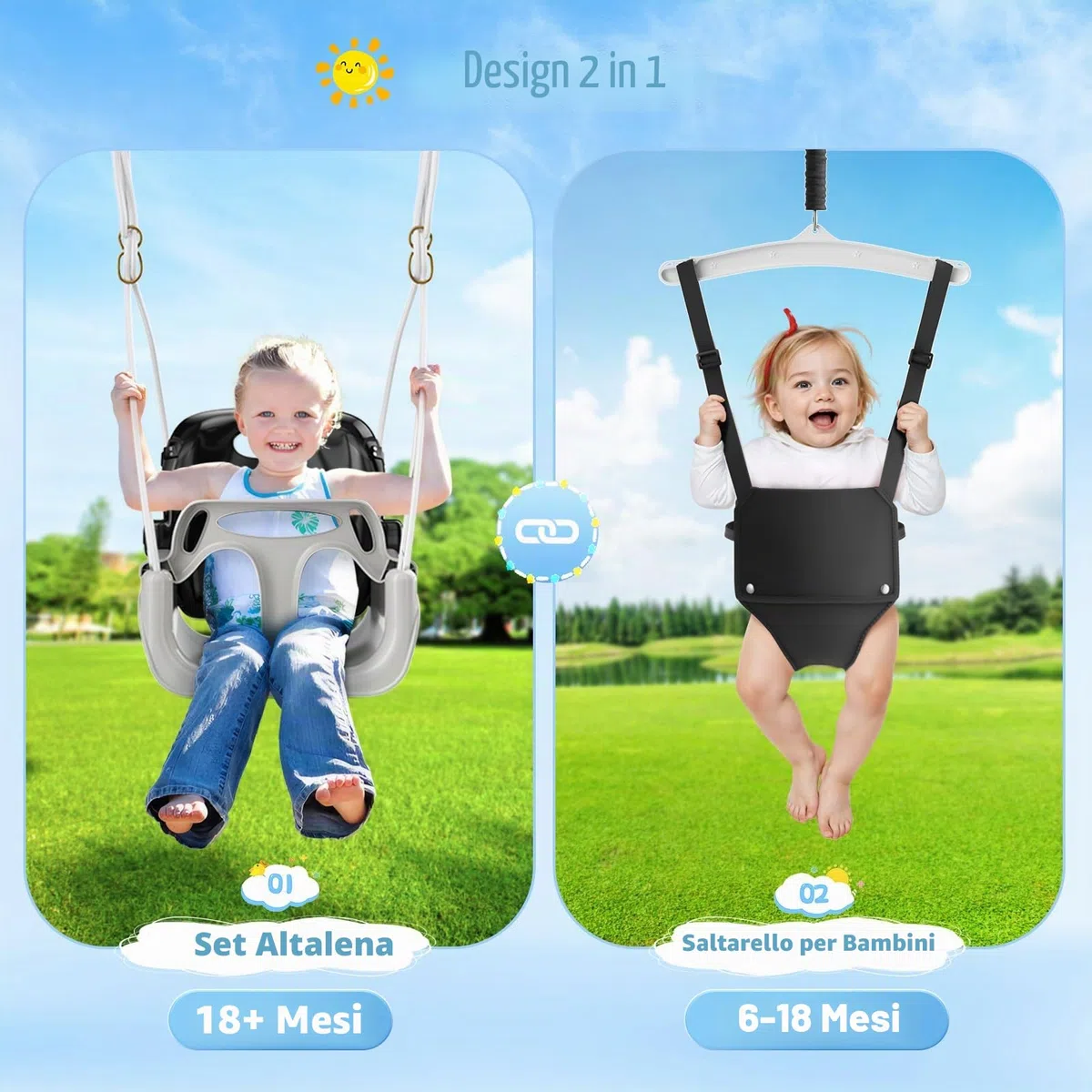 4-in-1altalena da giardino per bambini, Altalene Saltare Su per Bambini per Giochi, Supporto Metallo Pieghevole, Sedili Rimovibili Alta Qualità, 18 Mesi-6 Anni
