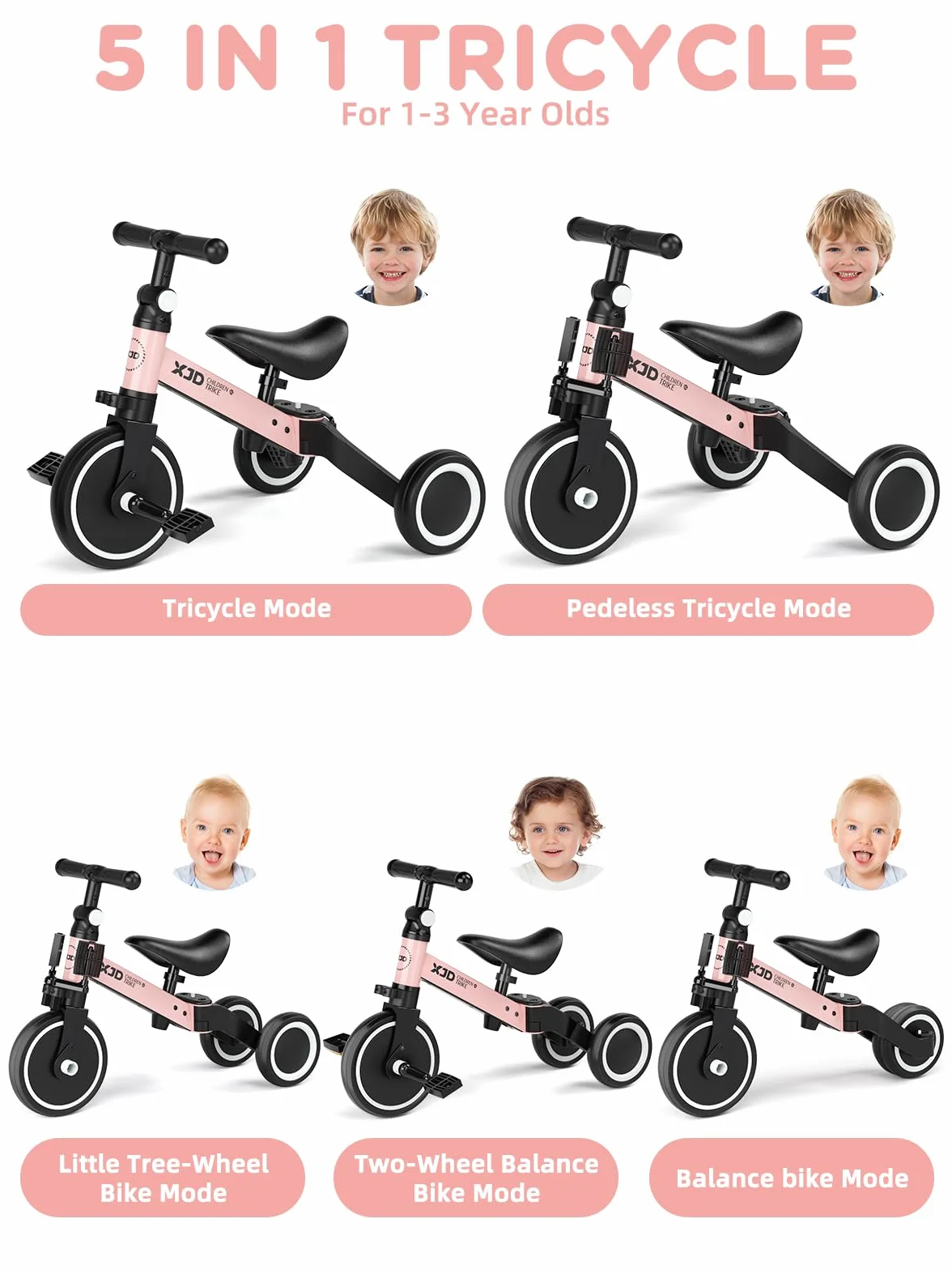 XJD Triciclo 3 in 1 per bambini e ragazze da 10 a 36 mesi senza pedali per bambini con regolabile sedile manubrio e pedali smontabili 1 anno regalo di compleanno (Rosa, 3 en 1 - Clásico)