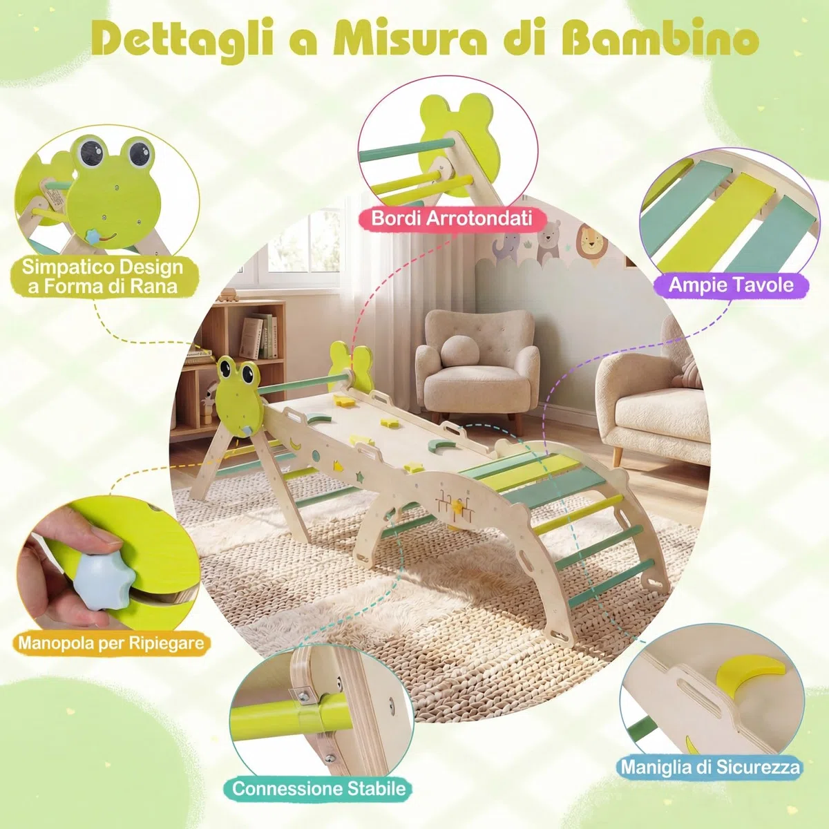 Relax4Life Triangolo di Arrampicata per Bambini con Scivolo e Arco, Gioco Montessori in Legno 1+ Anni, 3 Pezzi Verde