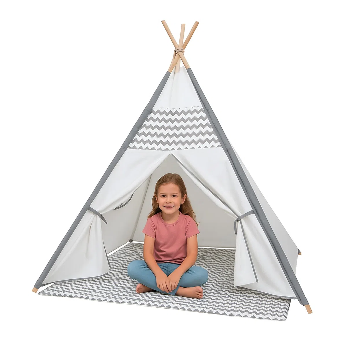 Tenda Gioco Teepee per Bambini Indiana con Tappetino Bianca Grigia Zigzag 120x120x150 cm Interni Design Classico
