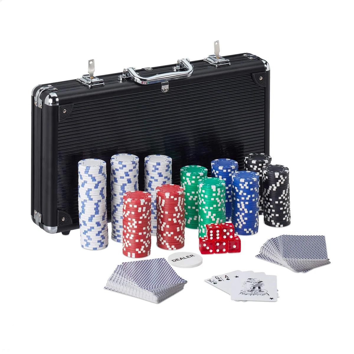 Relaxdays Valigetta Poker Alluminio Nero 300 Chip Laser 2 Mazzi Carte 5 Dadi Richiudibile Portatile