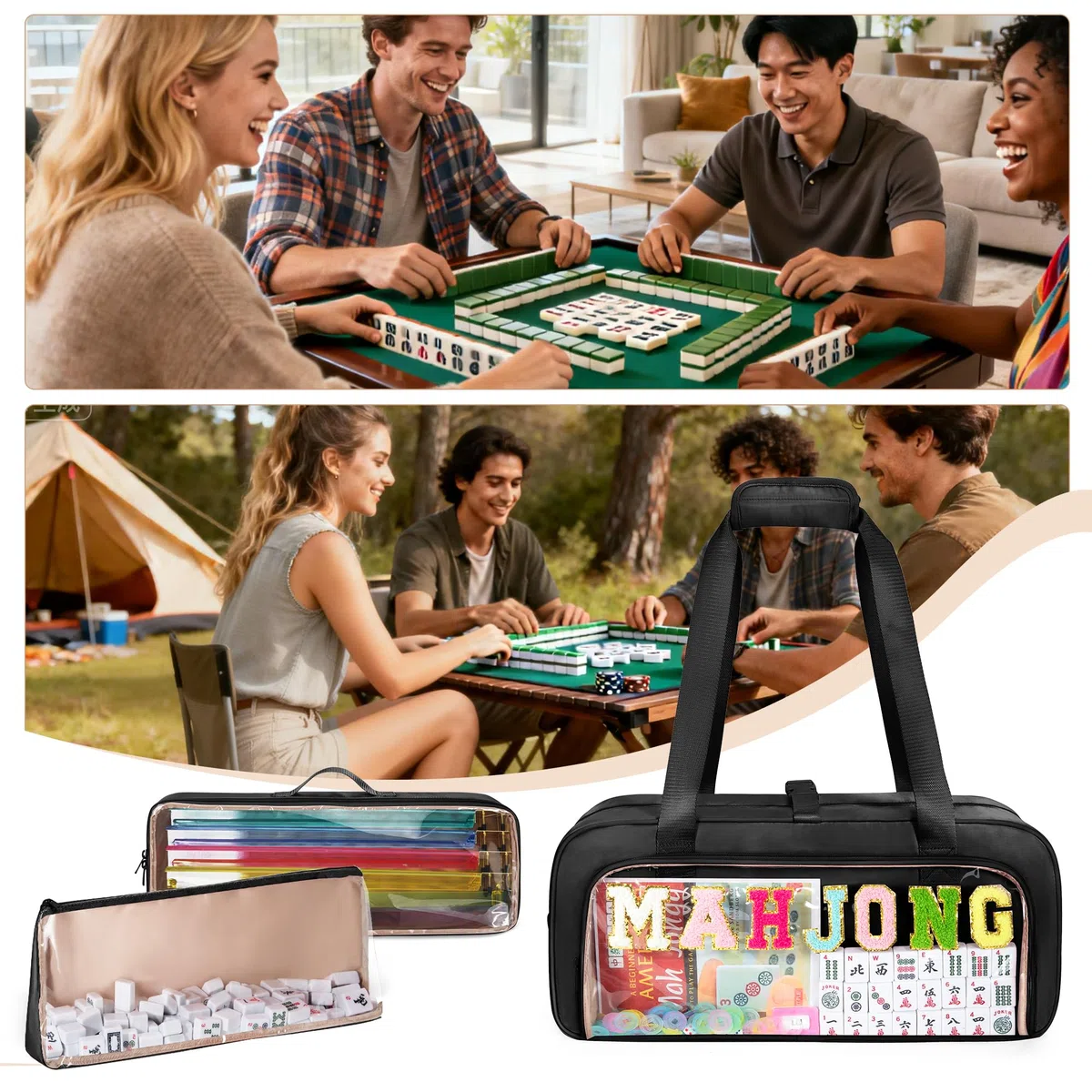 Yarwo Custodia Trasparente per Tiles Mahjong Americana, 3 Pezzi, Con Tappetino, Cerniere e Lettere in Ciniglia, Nero