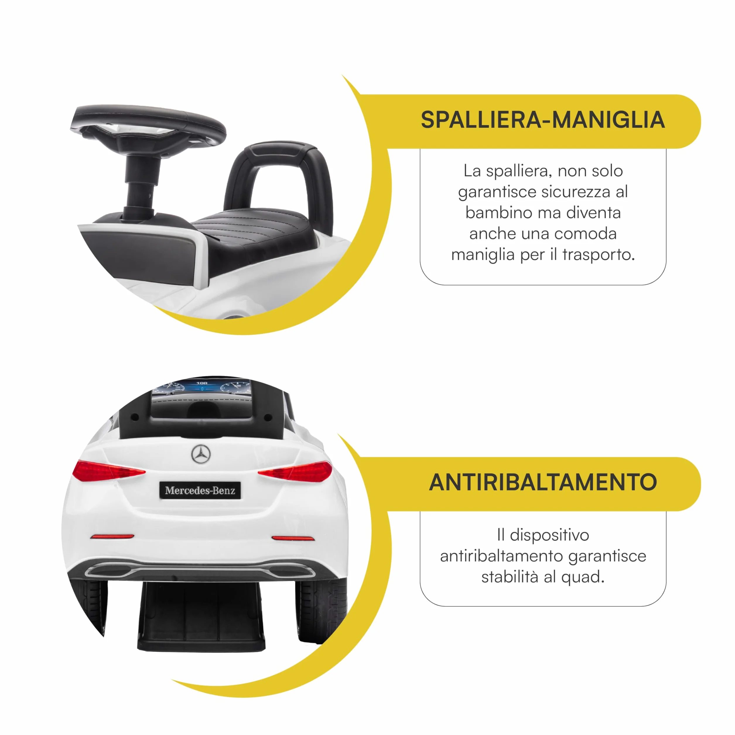 Baroni Toys Mercedes Ride-On Macchinina Spingi e Vai per Bambini 1-4 Anni, Fari LED, Suoni Realistici, Ruote Antiscivolo, Vano Portaoggetti, Design Antiribaltamento 65x28x39 cm Bianca