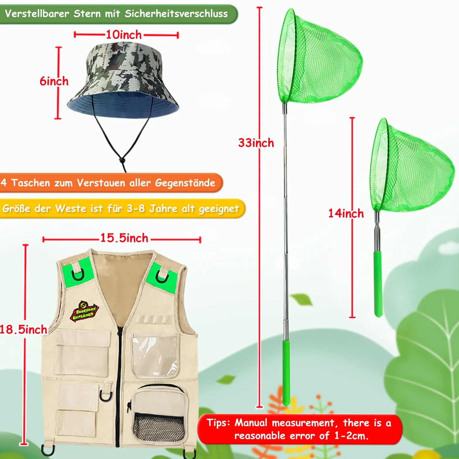 ESSENSON Kit Esploratore all'aperto - Set Cattura Insetti con Gilet, binocolo, Torcia elettrica, Regalo di Compleanno del Giocattolo di Avventura di Campeggio per Ragazzi e Ragazze di età 3-12 Anni